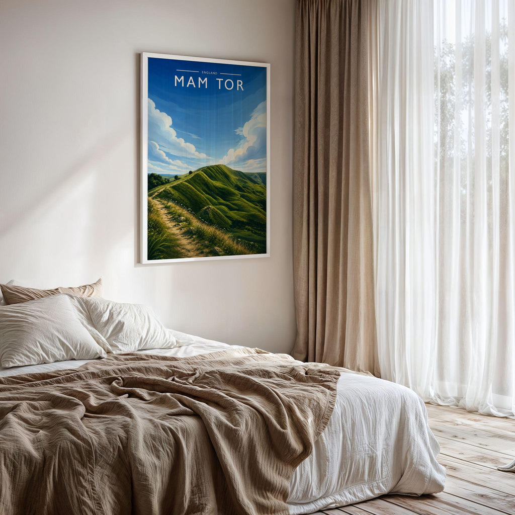 Mam Tor #2 Travel Poster framed on a bedroom wall