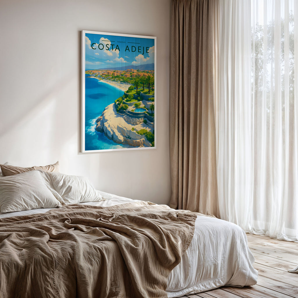 Costa Adeje #2 Travel Poster framed on a bedroom wall