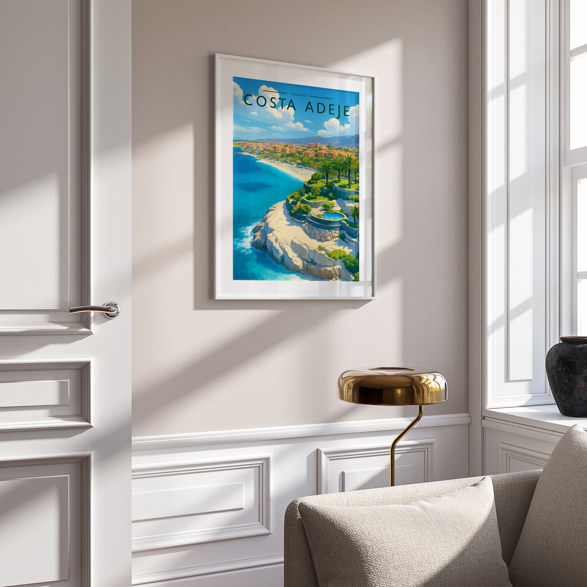 Costa Adeje #2 Travel Poster in a white frame on a panelled wall