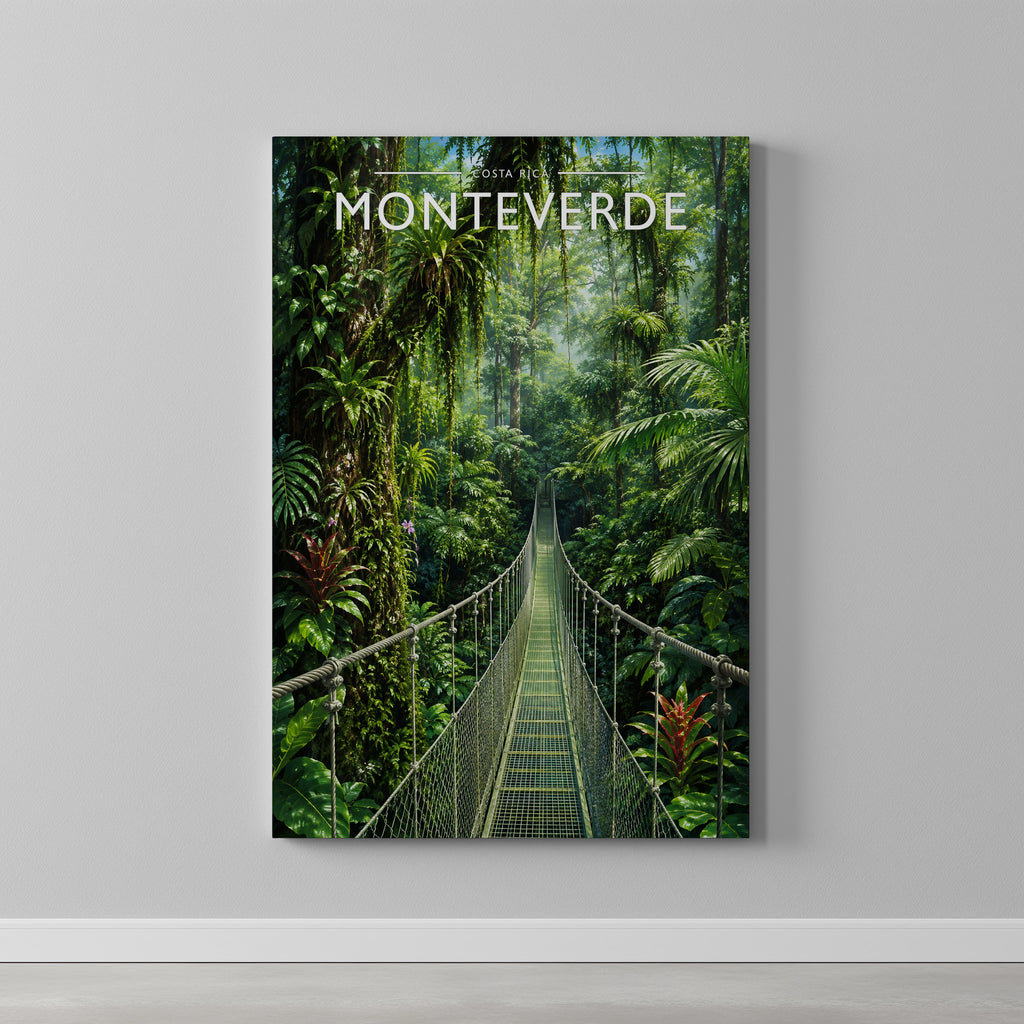 Monteverde Travel Poster as a gallery-wrapped canvas on a plain wall
