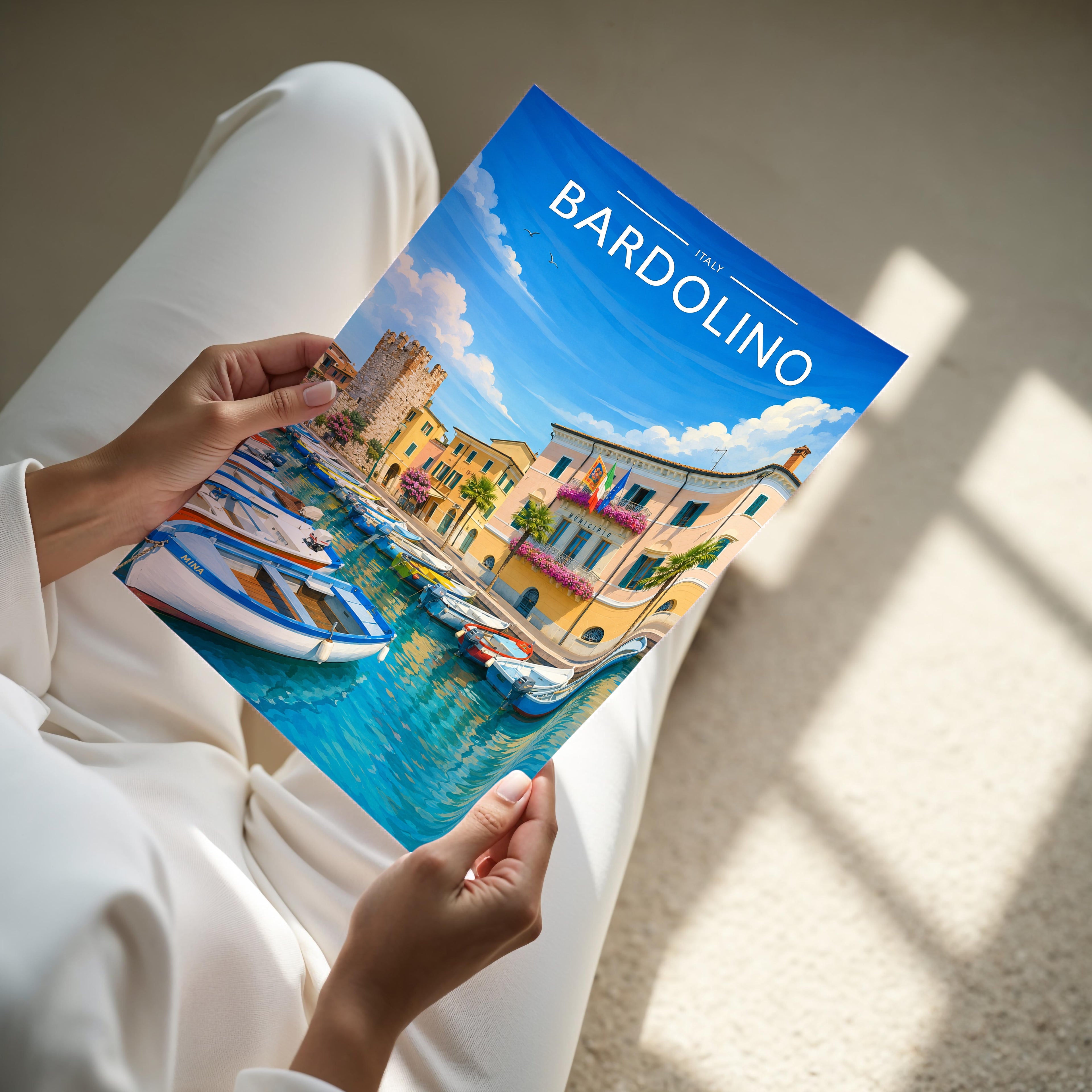 Bardolino Travel Poster - A4 print held in hand