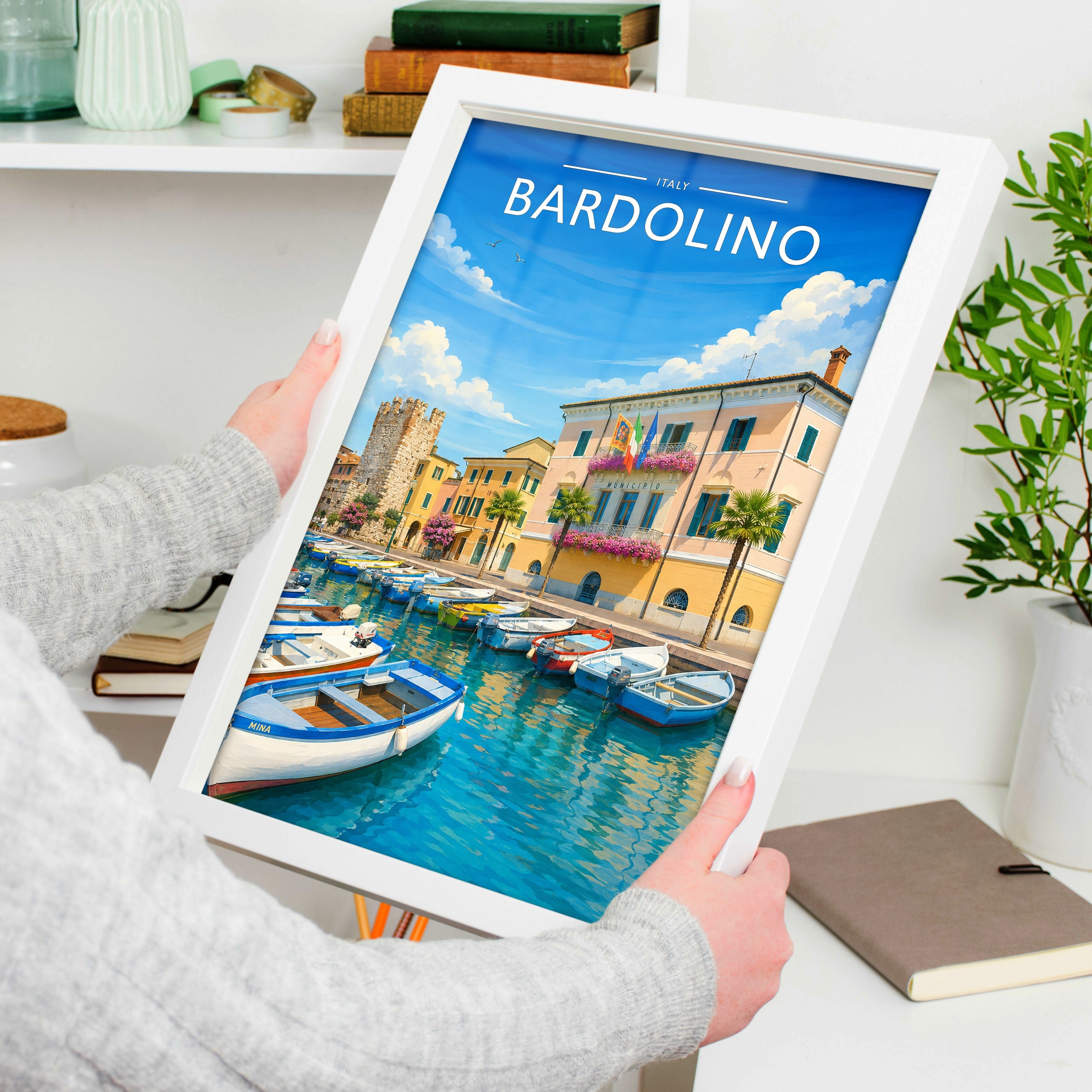 Bardolino Travel Poster held in a white frame
