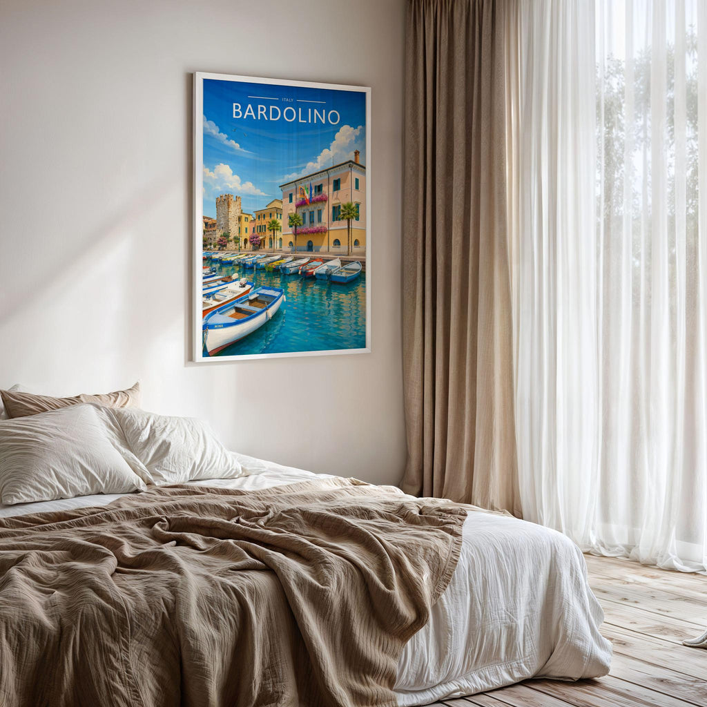 Bardolino Travel Poster framed on a bedroom wall