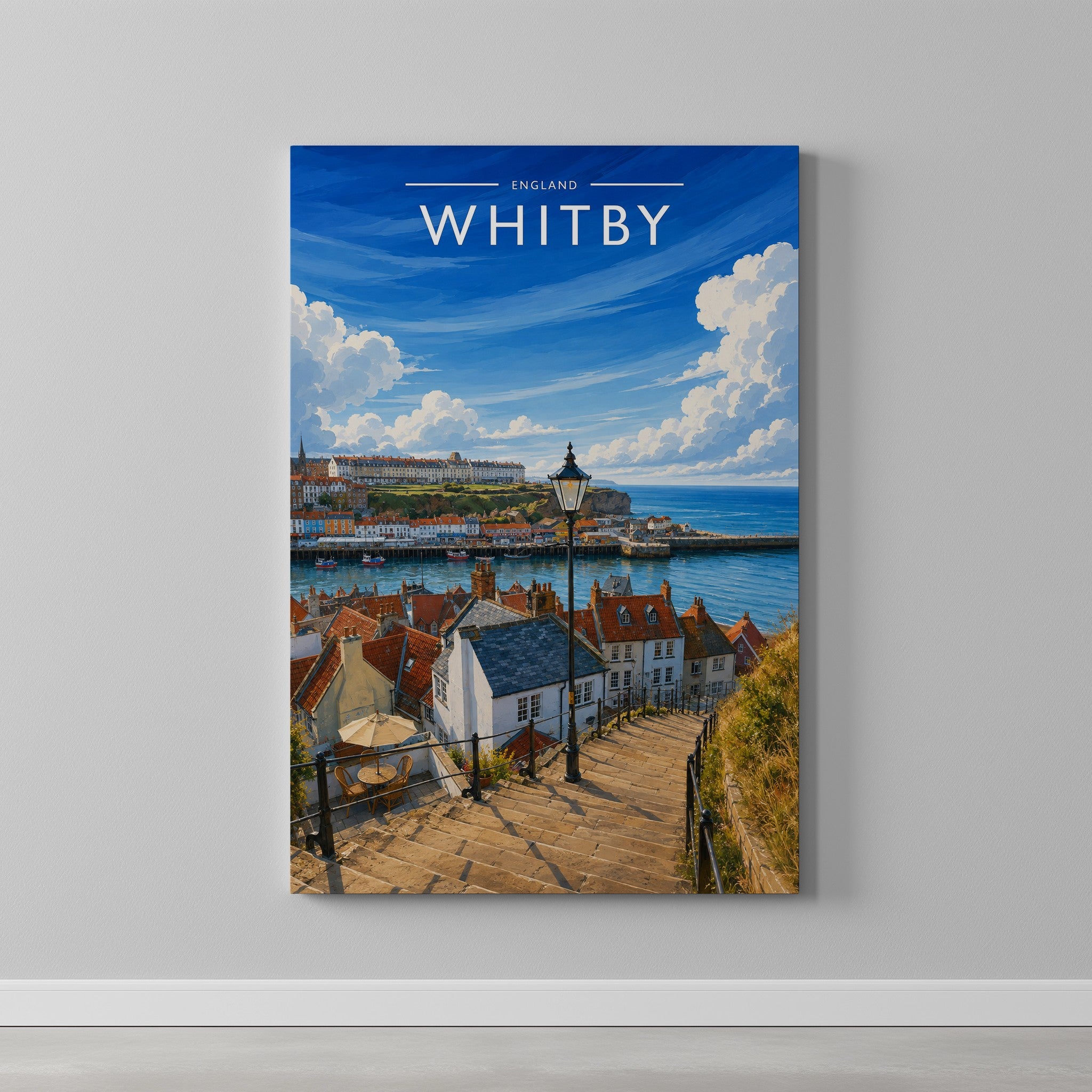 Whitby #5 Travel Poster as a gallery-wrapped canvas on a plain wall