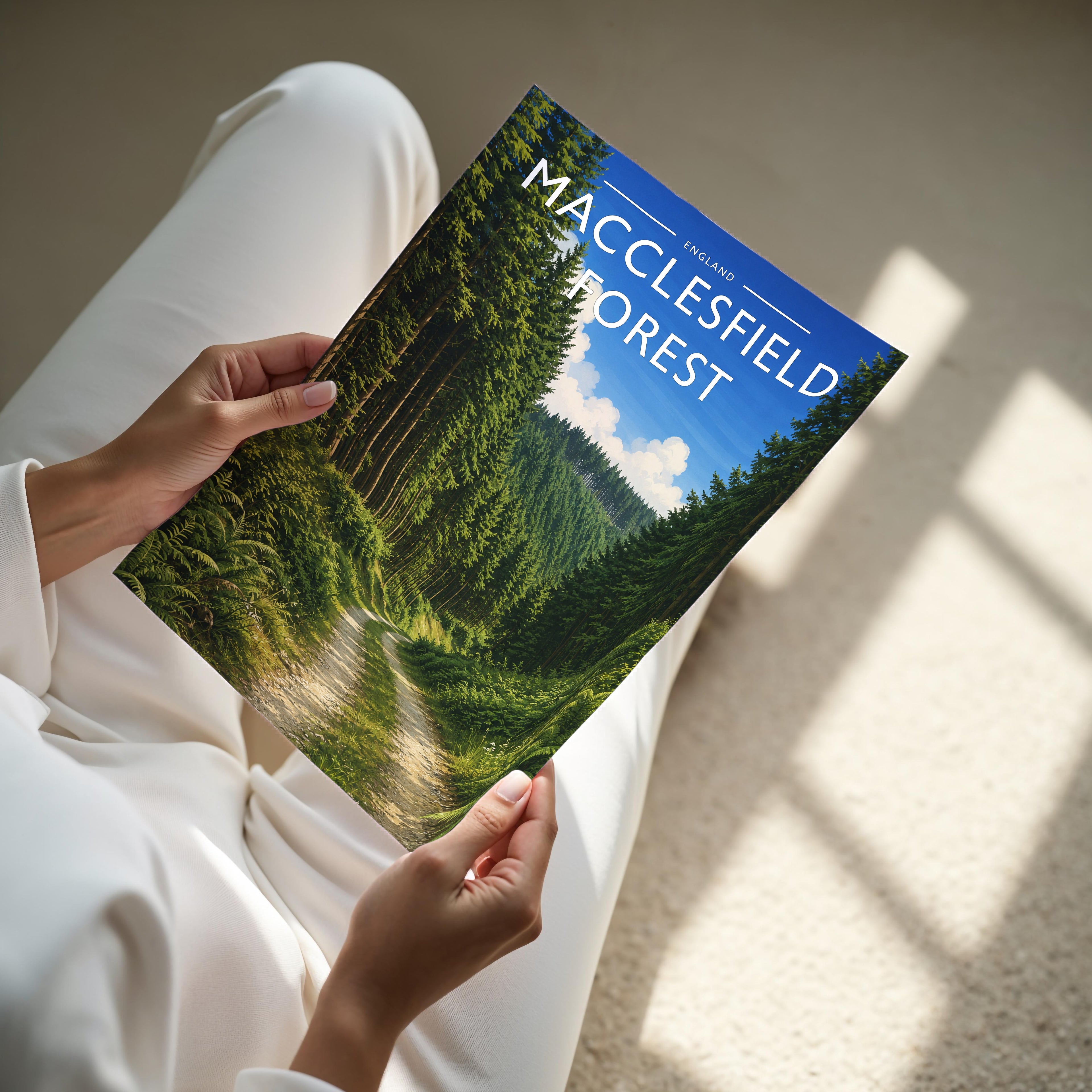 Macclesfield Forest Travel Poster - A4 print held in hand