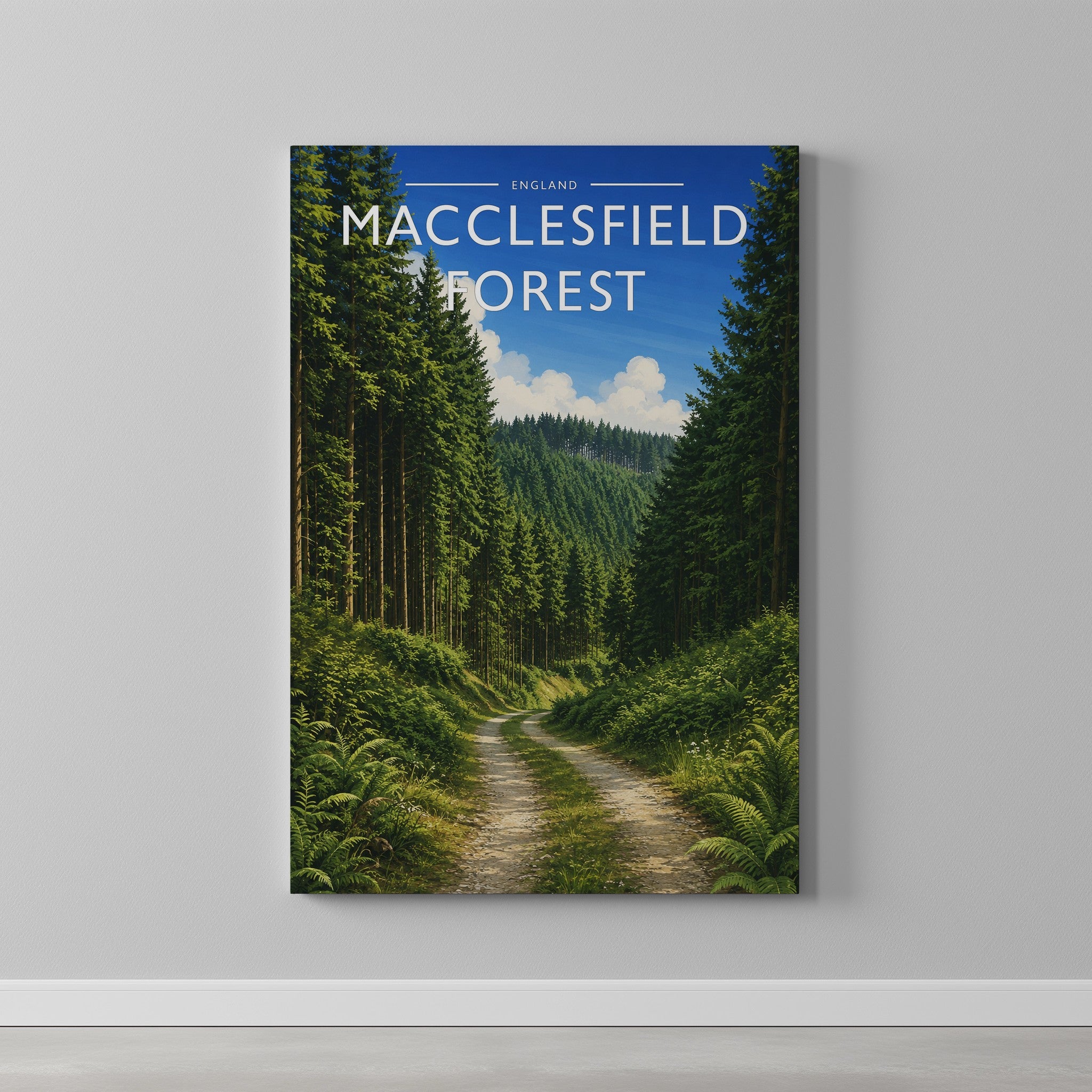 Macclesfield Forest Travel Poster as a gallery-wrapped canvas on a plain wall