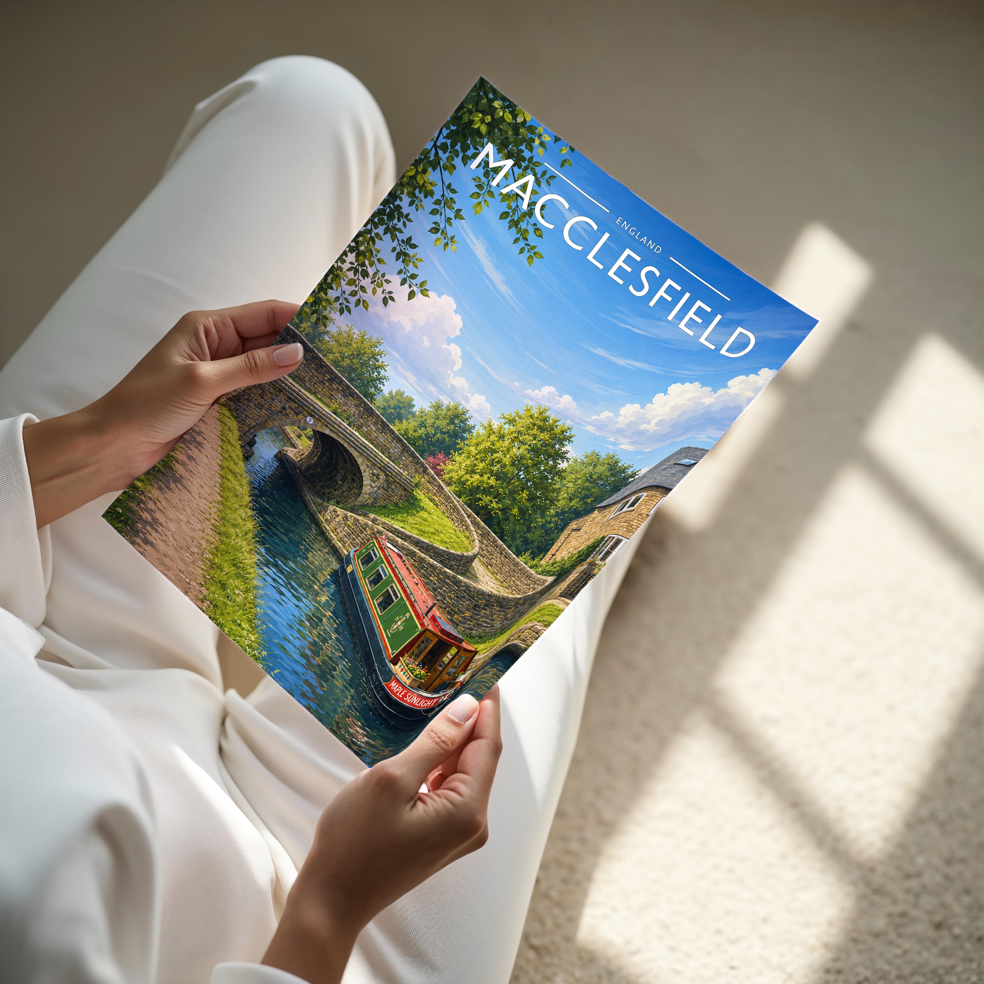 Macclesfield Travel Poster - A4 print held in hand