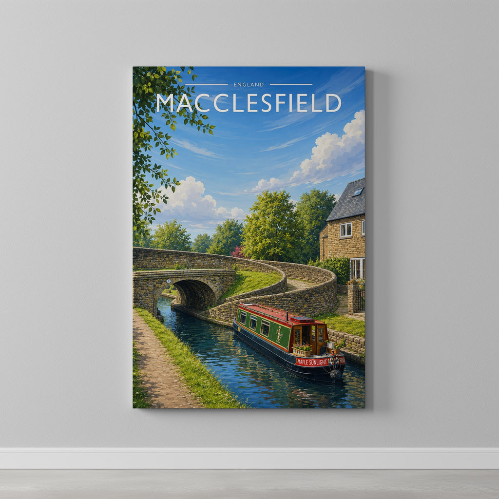 Macclesfield Travel Poster as a gallery-wrapped canvas on a plain wall
