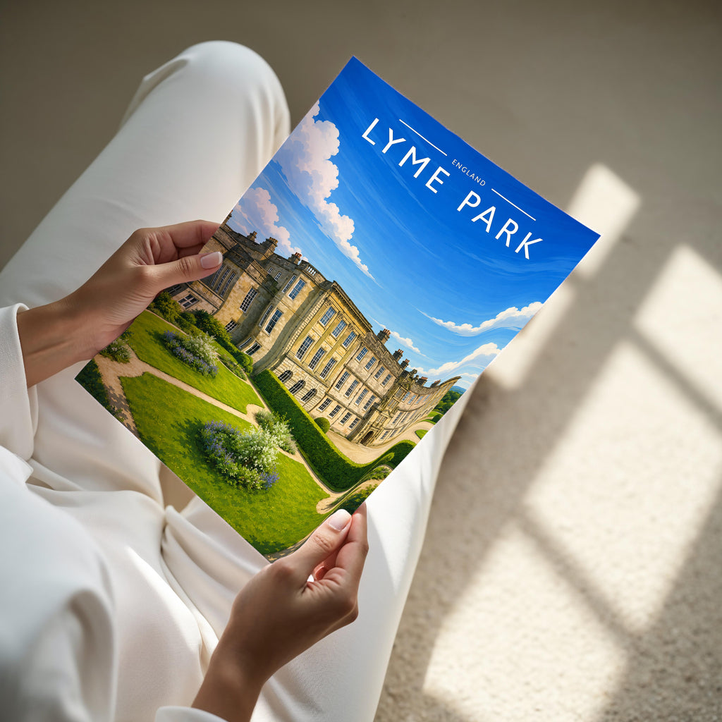 Lyme Park Travel Poster - A4 print held in hand
