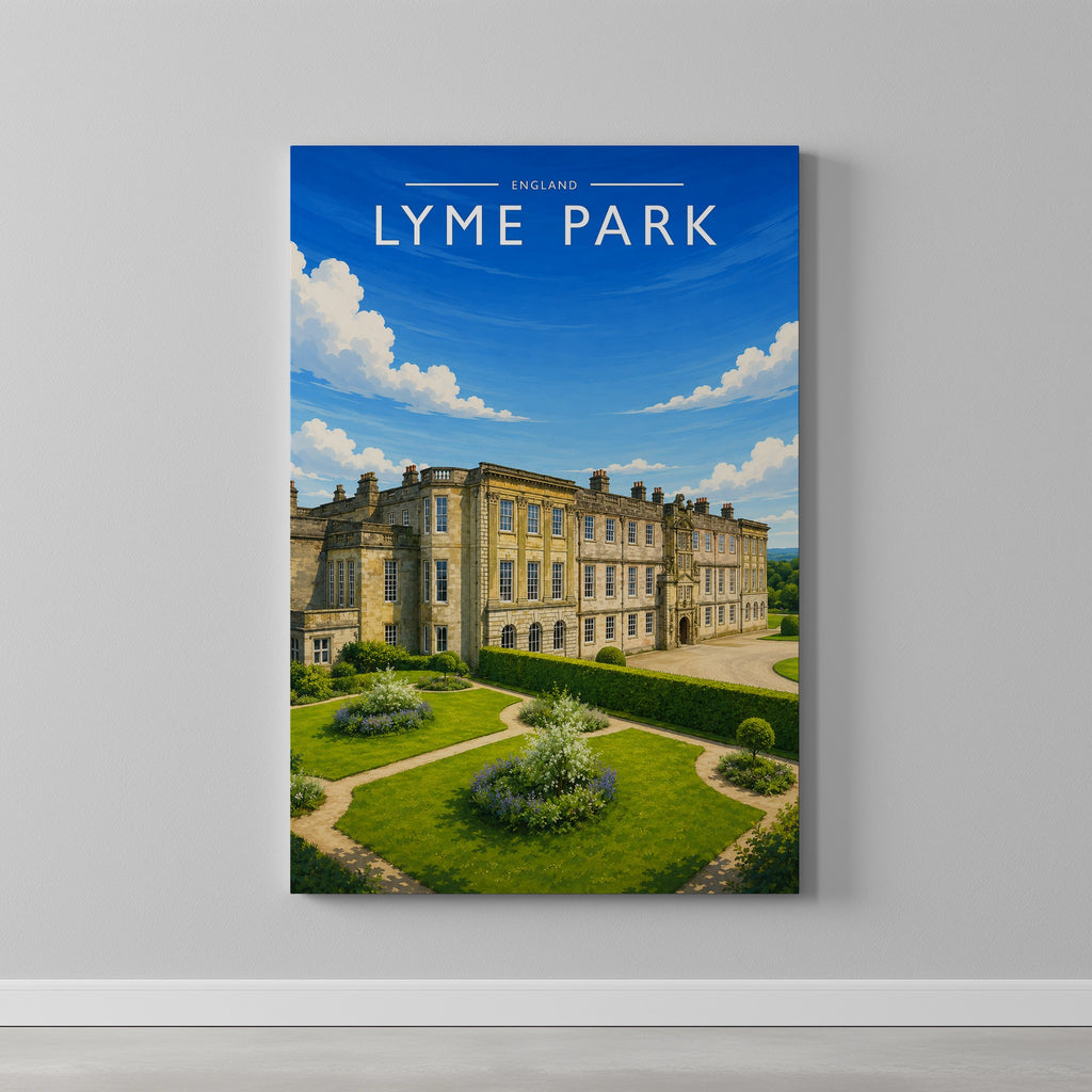 Lyme Park Travel Poster as a gallery-wrapped canvas on a plain wall