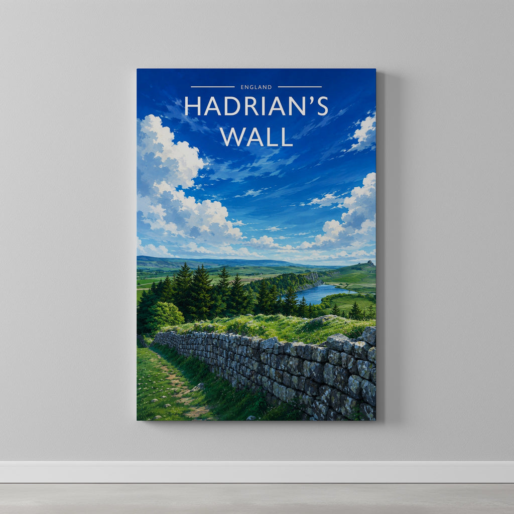 Hadrian's Wall Travel Poster as a gallery-wrapped canvas on a plain wall