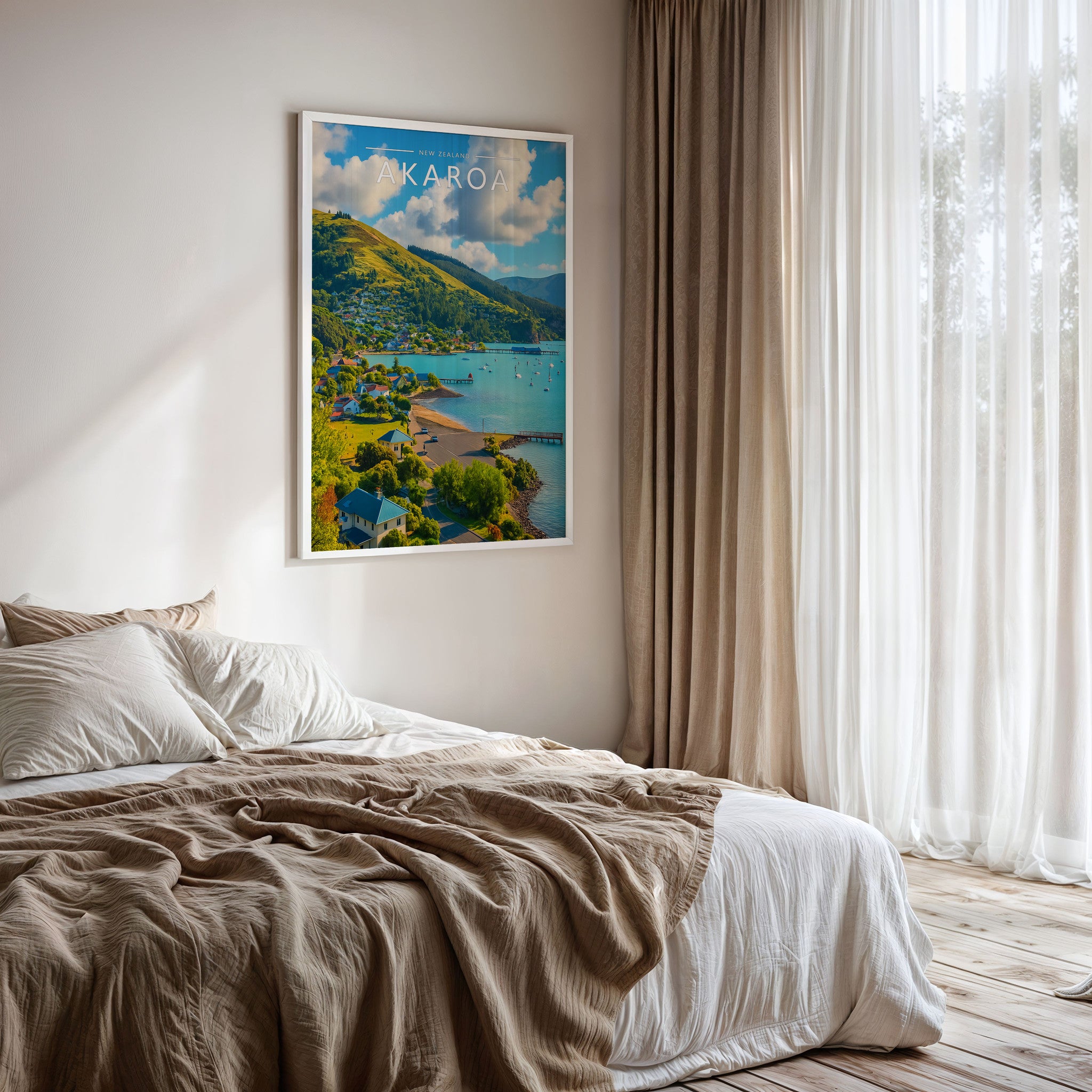 Akaroa Travel Poster framed on a bedroom wall