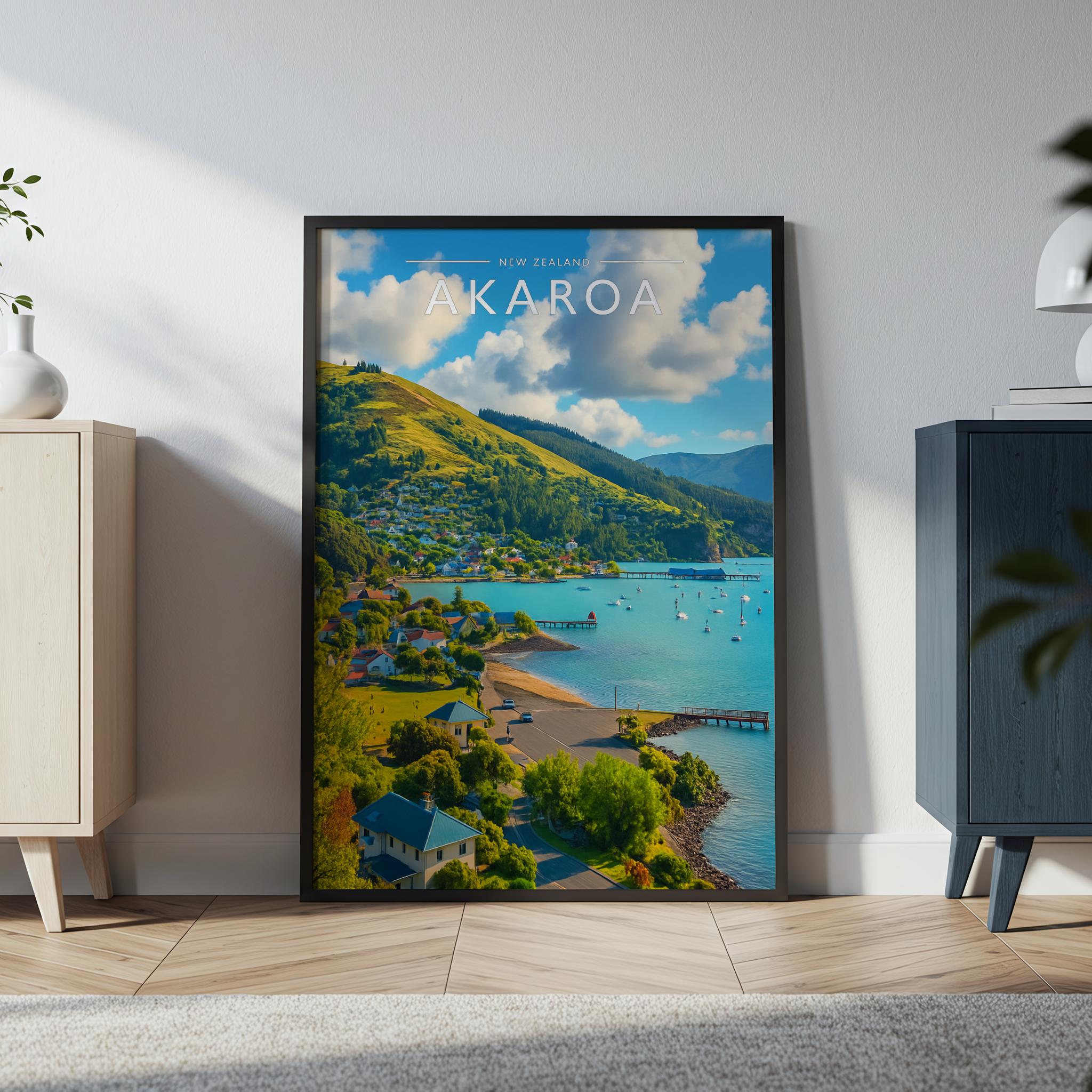 Akaroa Travel Poster in a black frame