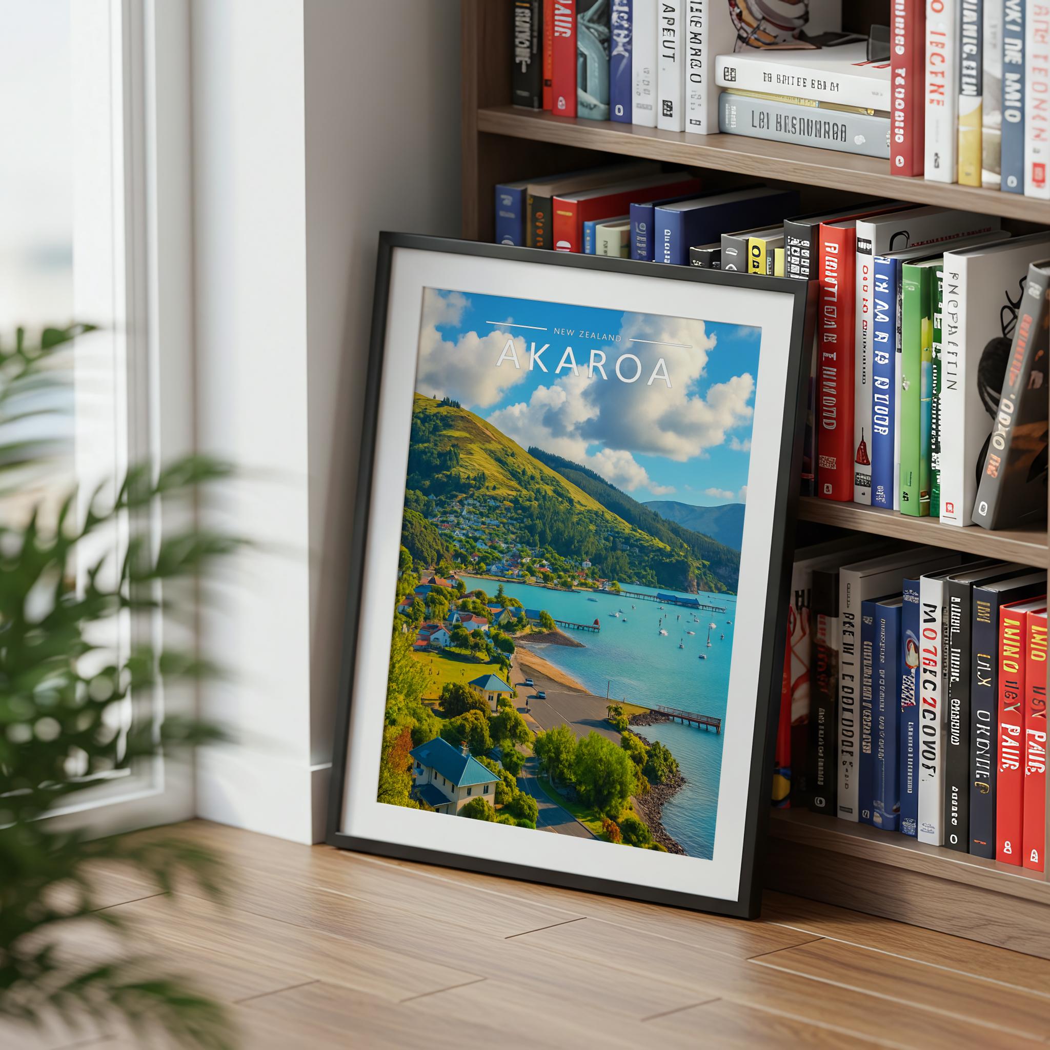 Akaroa Travel Poster mounted in a black frame