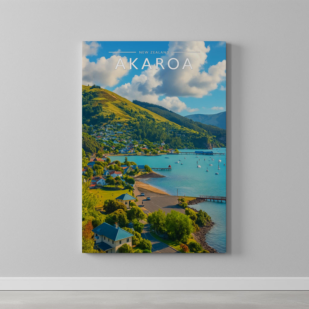 Akaroa Travel Poster as a gallery-wrapped canvas on a plain wall