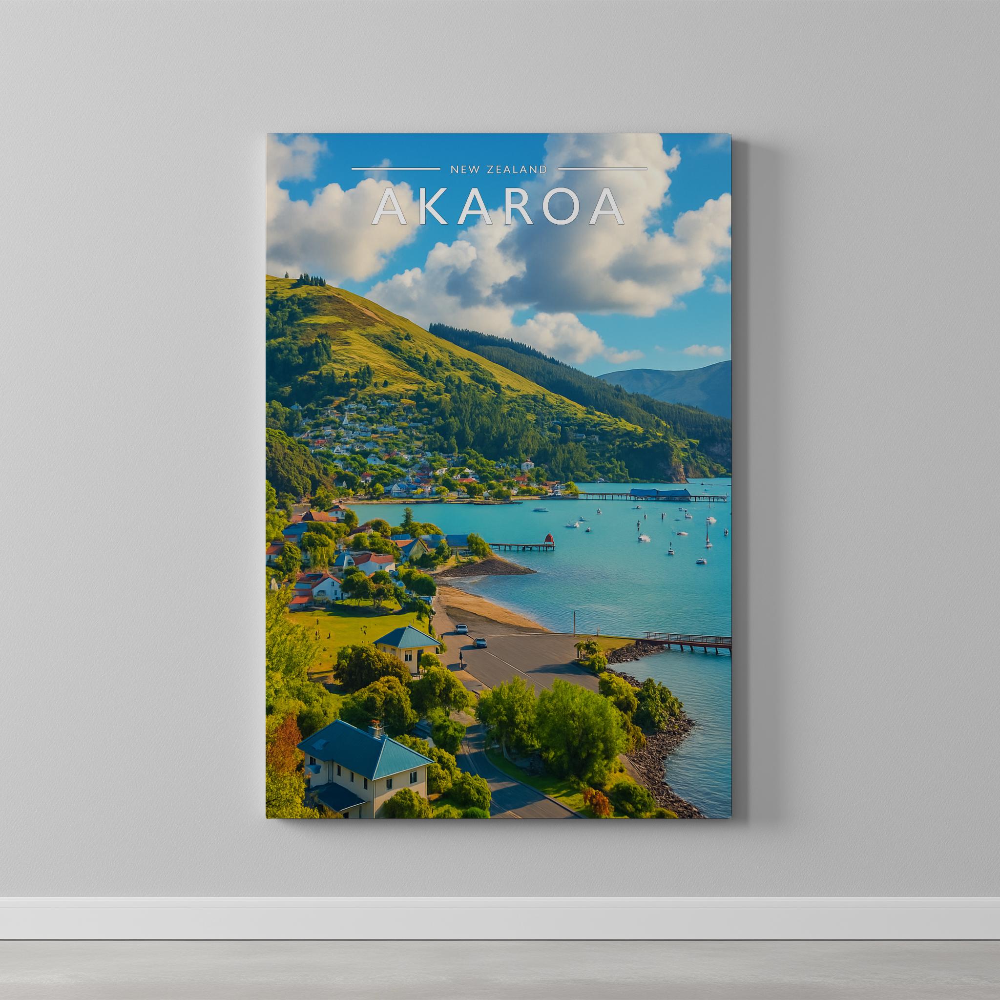 Akaroa Travel Poster as a gallery-wrapped canvas on a plain wall
