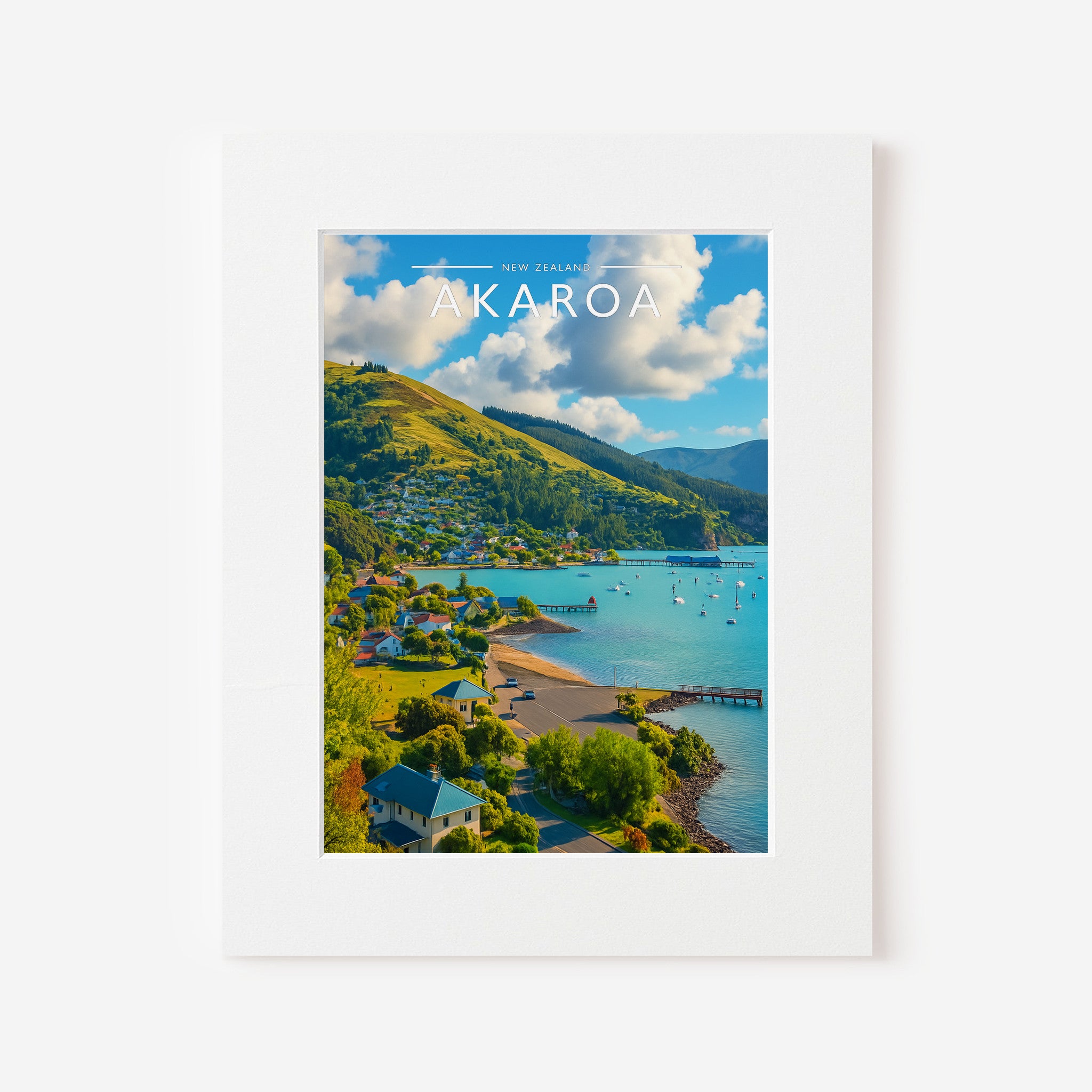 Akaroa Travel Poster in a white mount
