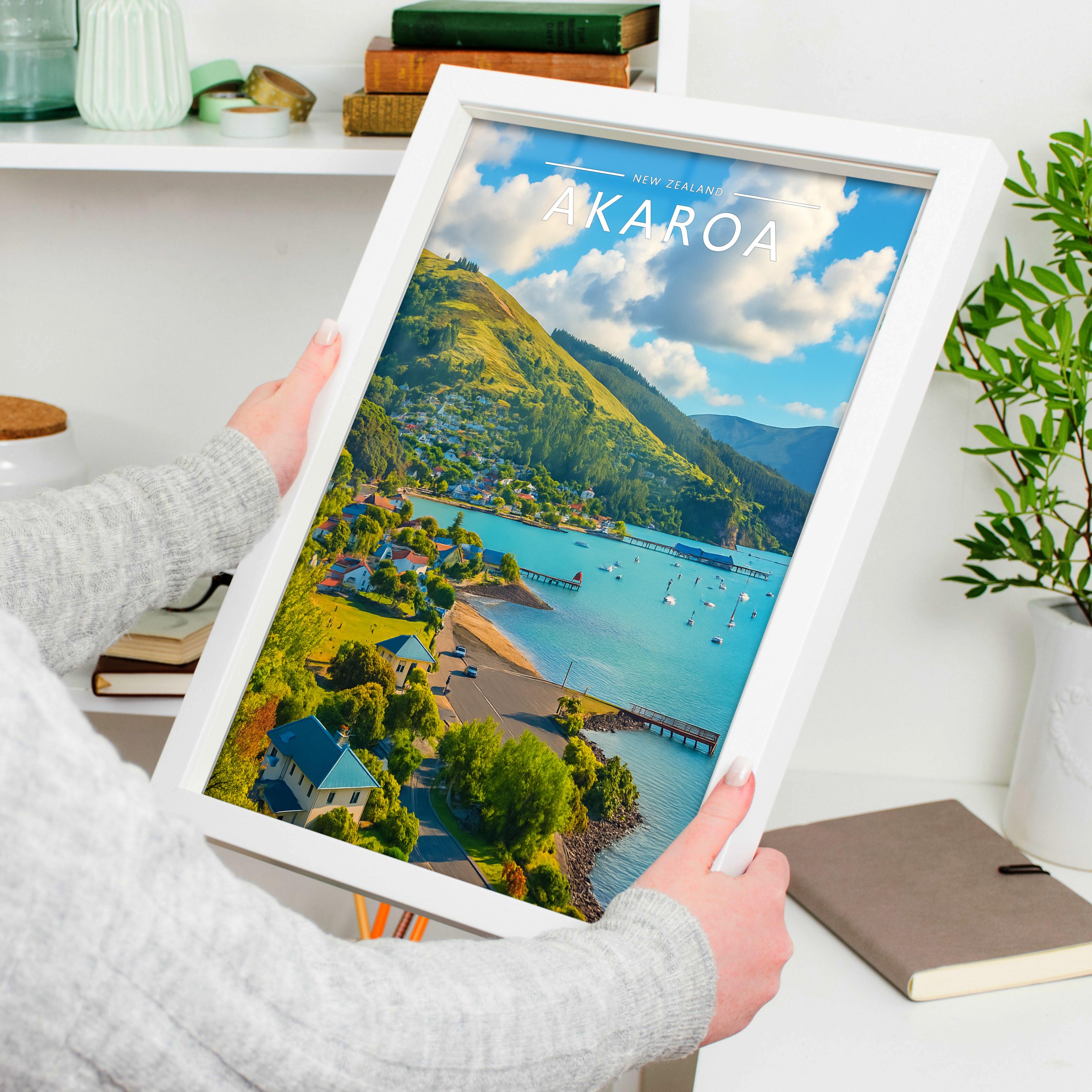 Akaroa Travel Poster held in a white frame