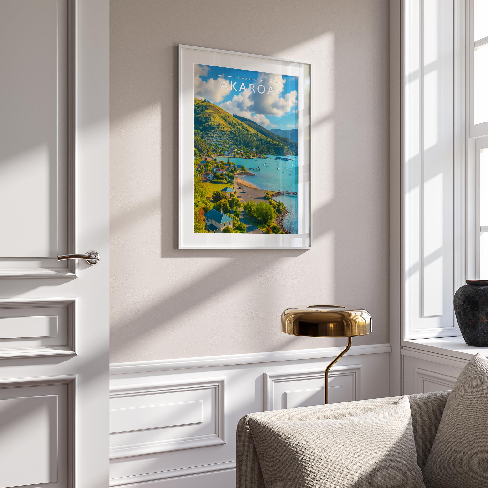 Akaroa Travel Poster mounted in a white frame