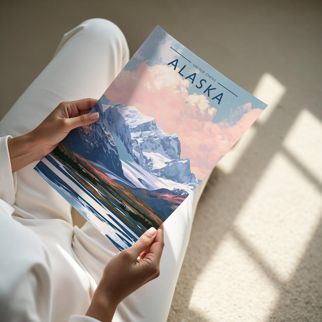 Alaska Travel Poster - A4 print held in hand