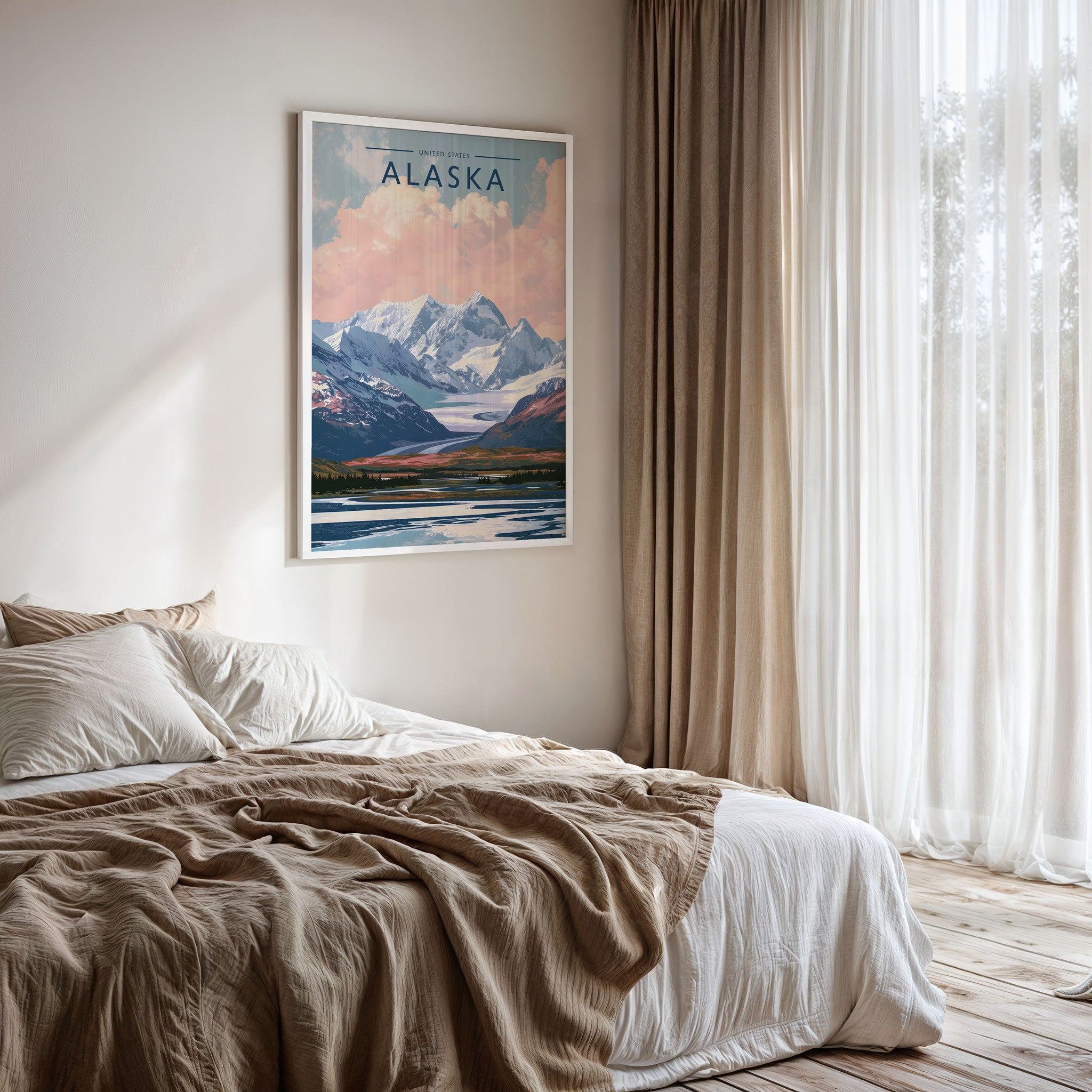 Alaska Travel Poster framed on a bedroom wall