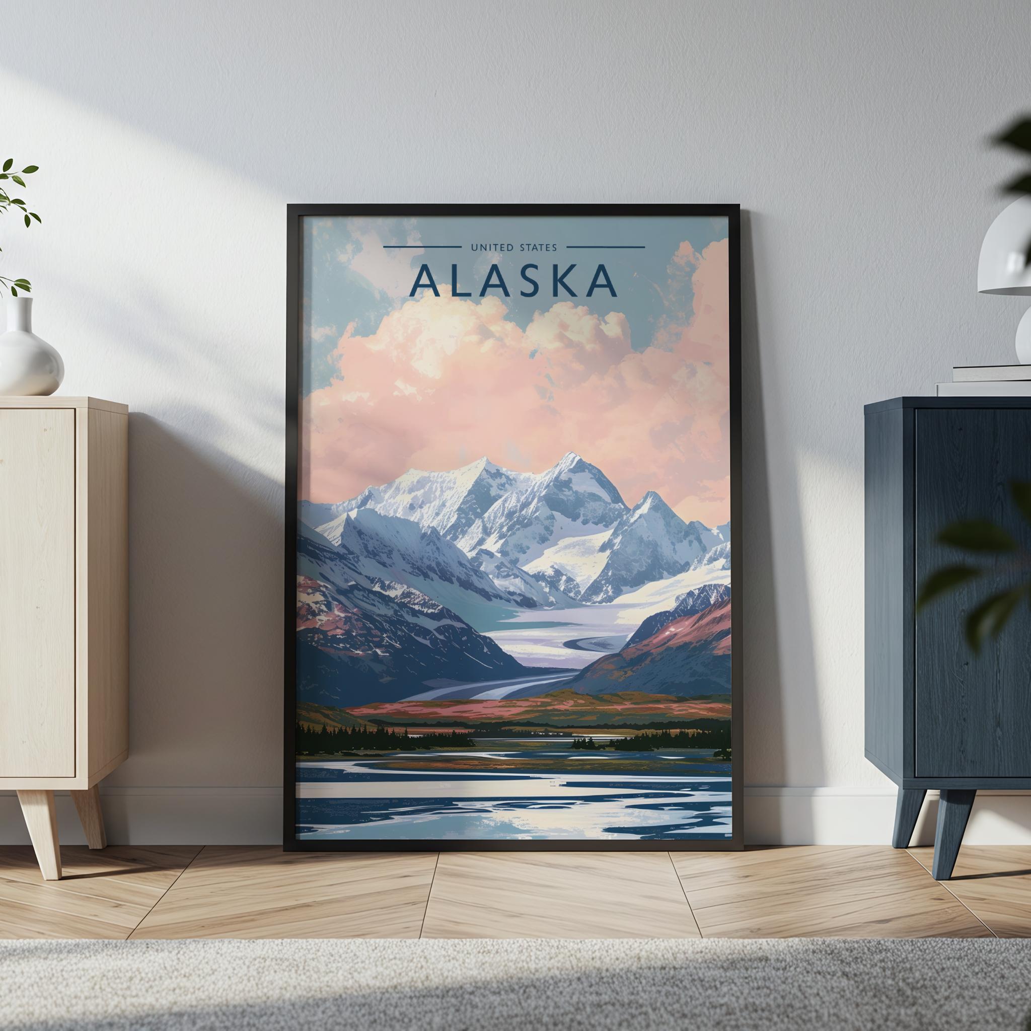 Alaska Travel Poster in a black frame