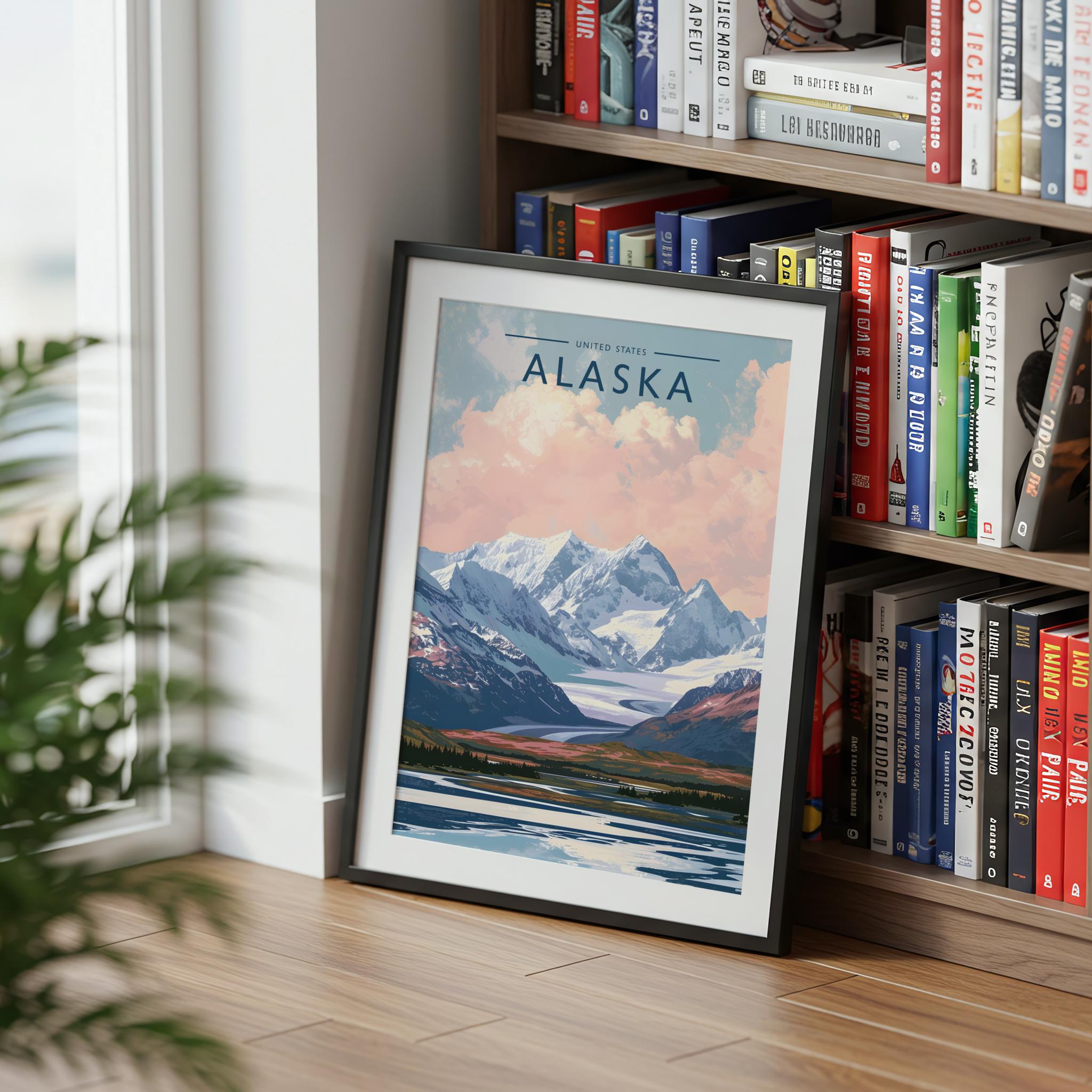 Alaska Travel Poster mounted in a black frame