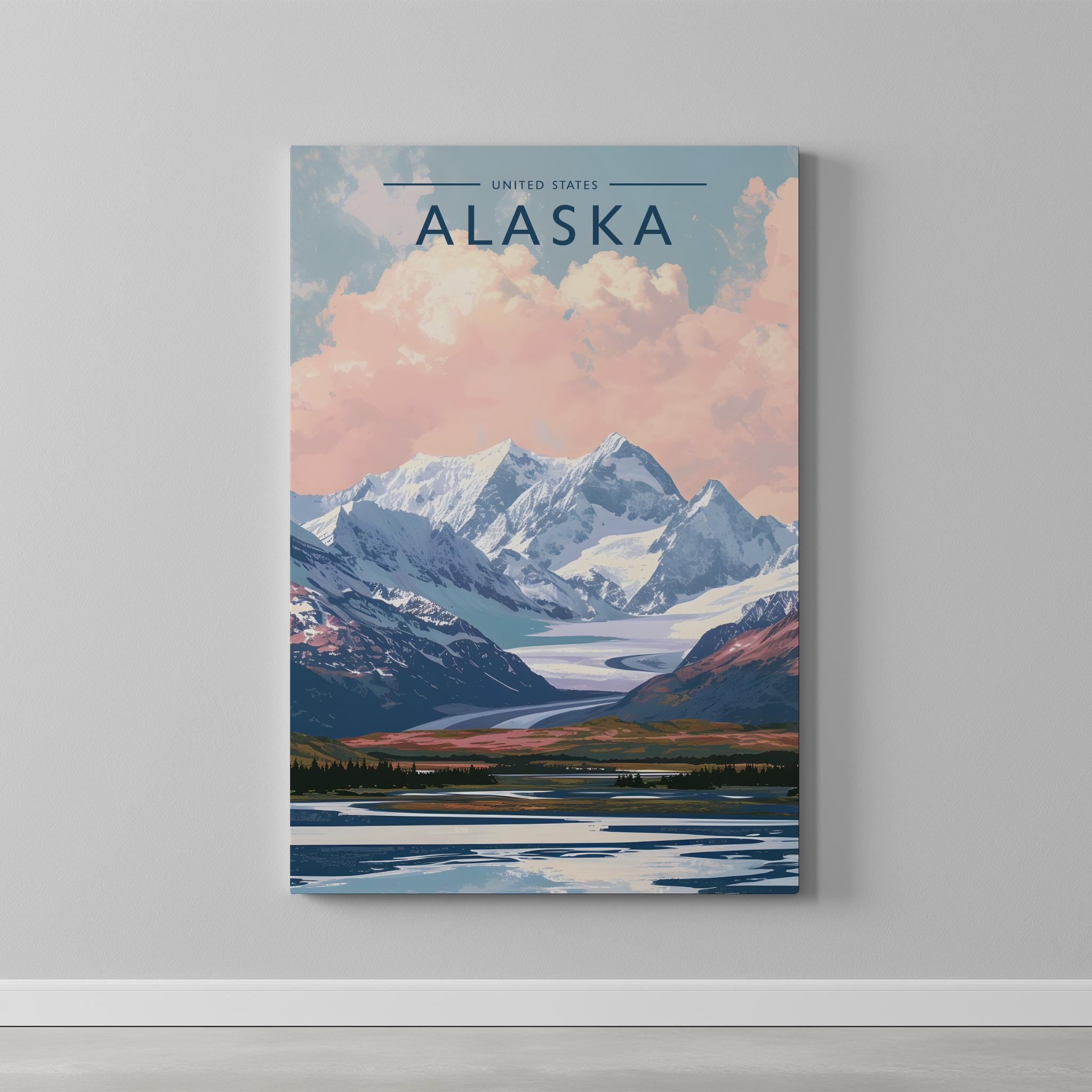 Alaska Travel Poster as a gallery-wrapped canvas on a plain wall