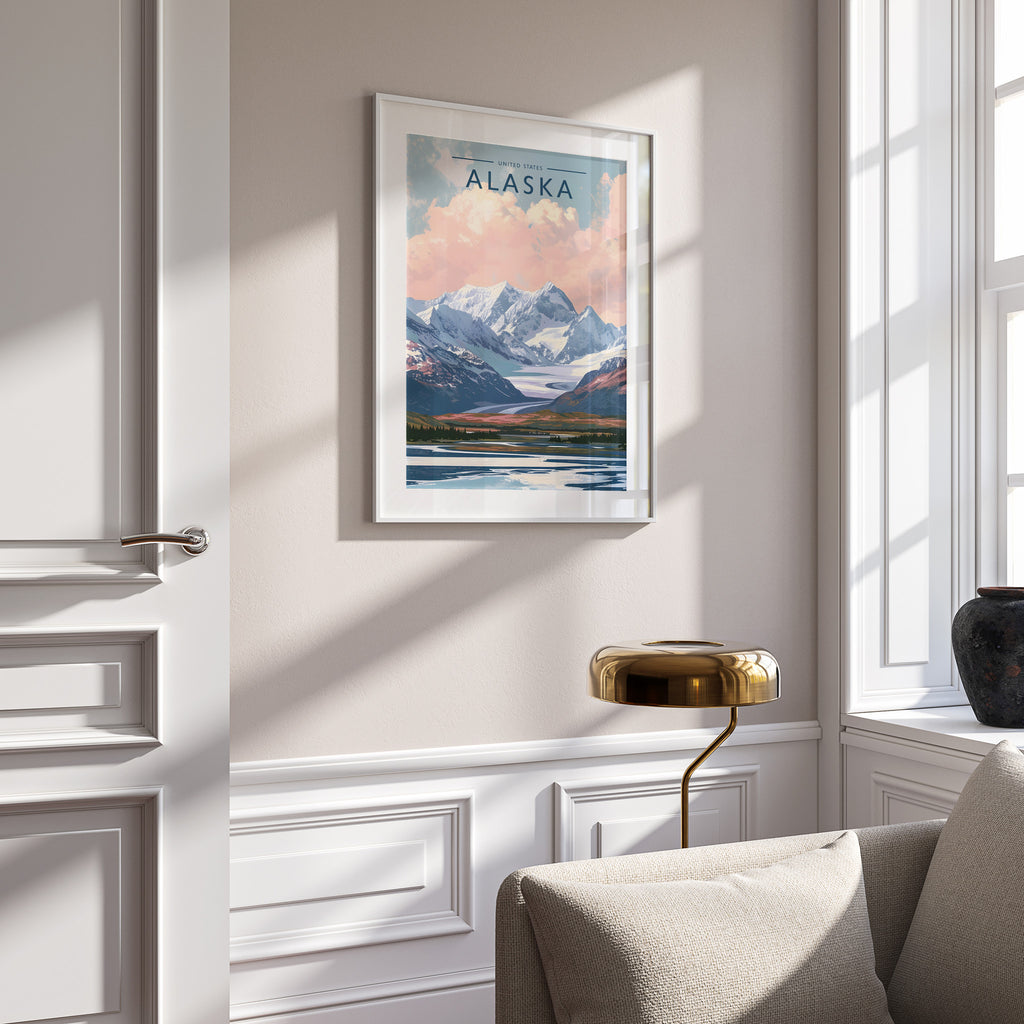 Alaska Travel Poster in a white frame on a panelled wall