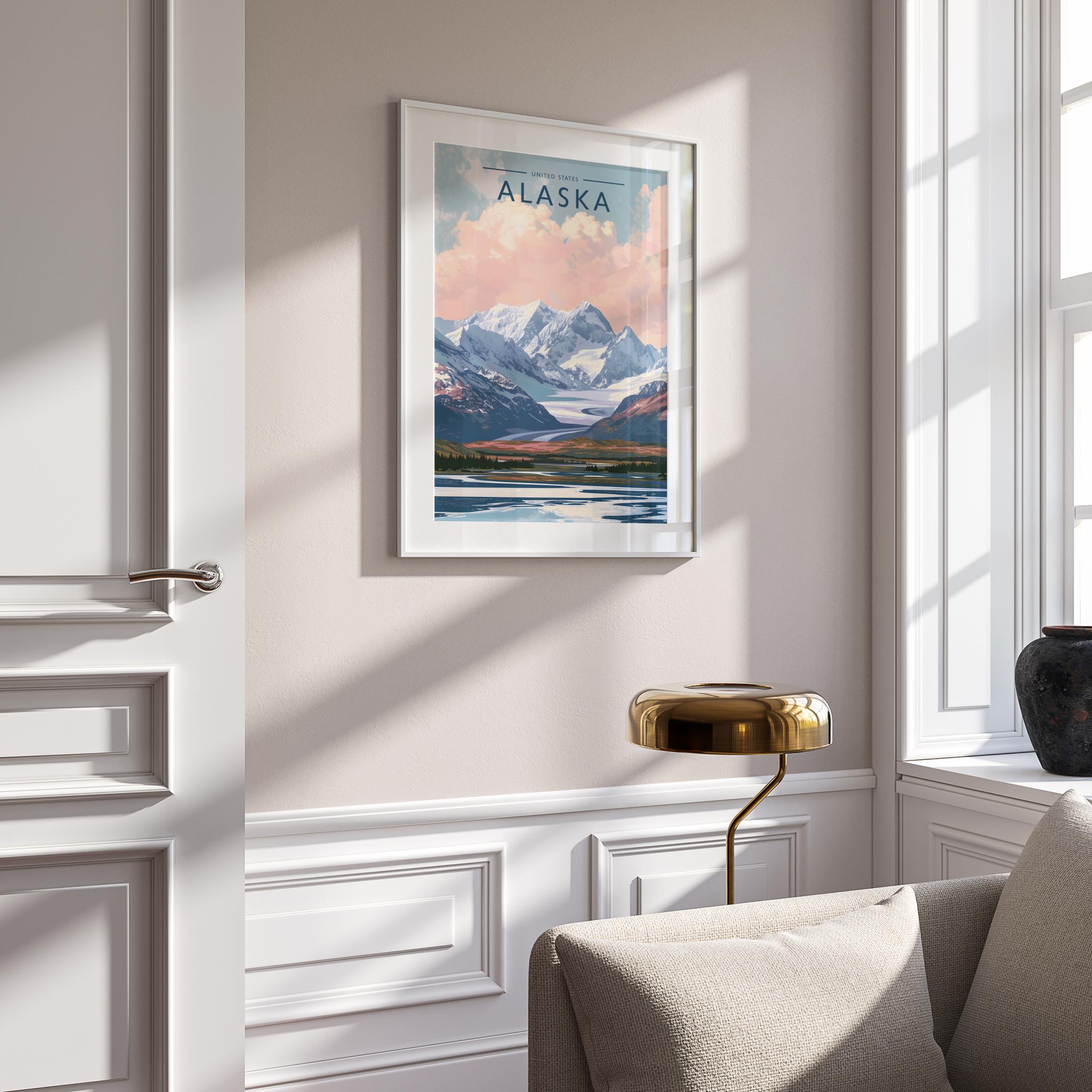Alaska Travel Poster mounted in a white frame