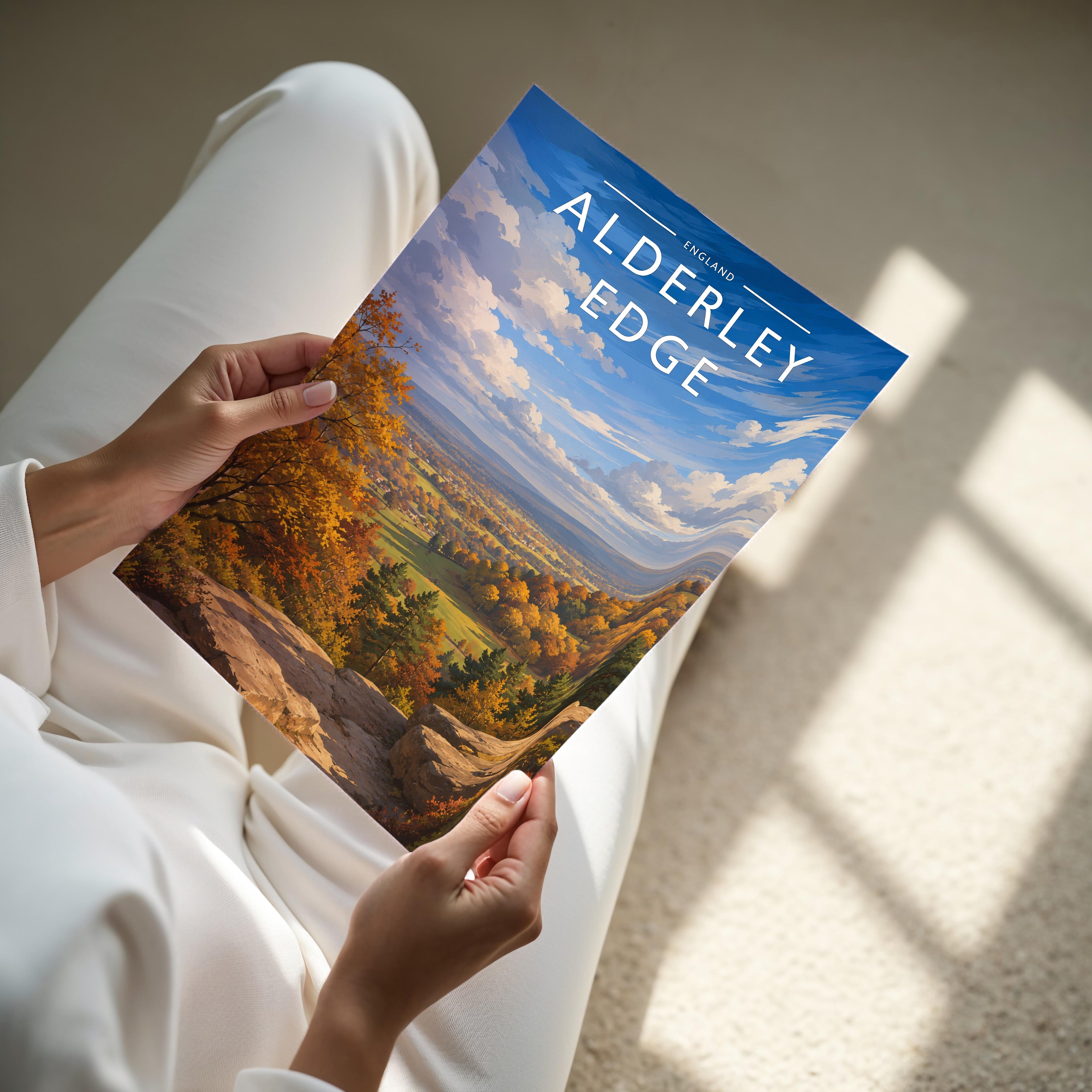 Alderley Edge Travel Poster - A4 print held in hand