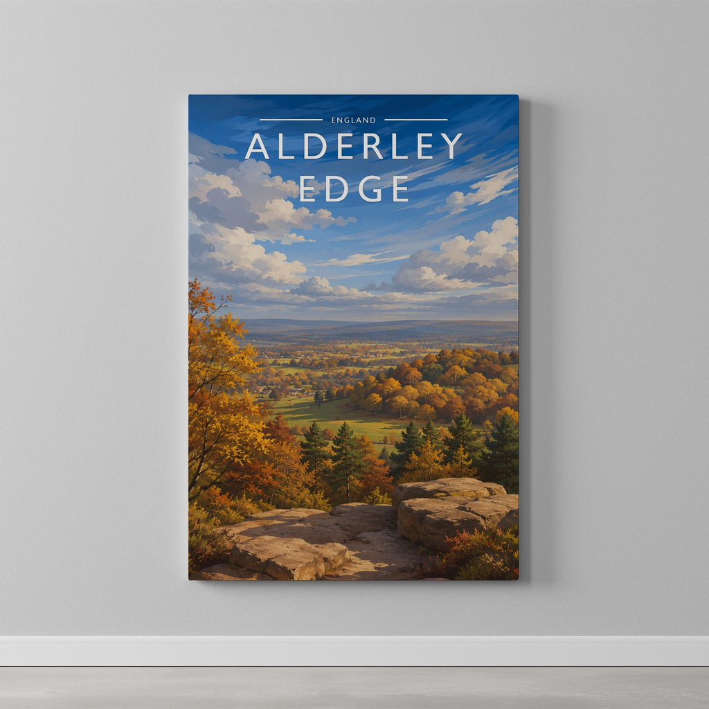 Alderley Edge Travel Poster as a gallery-wrapped canvas on a plain wall