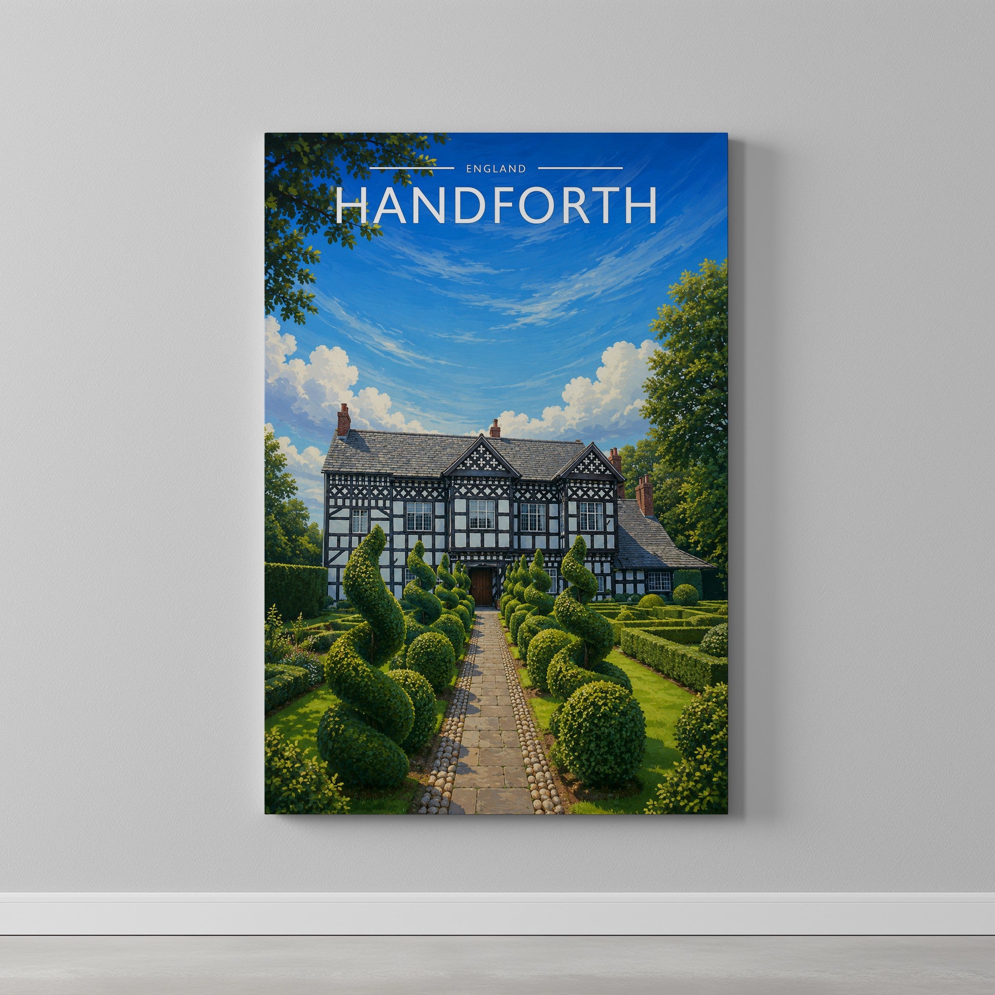 Handforth Travel Poster as a gallery-wrapped canvas on a plain wall