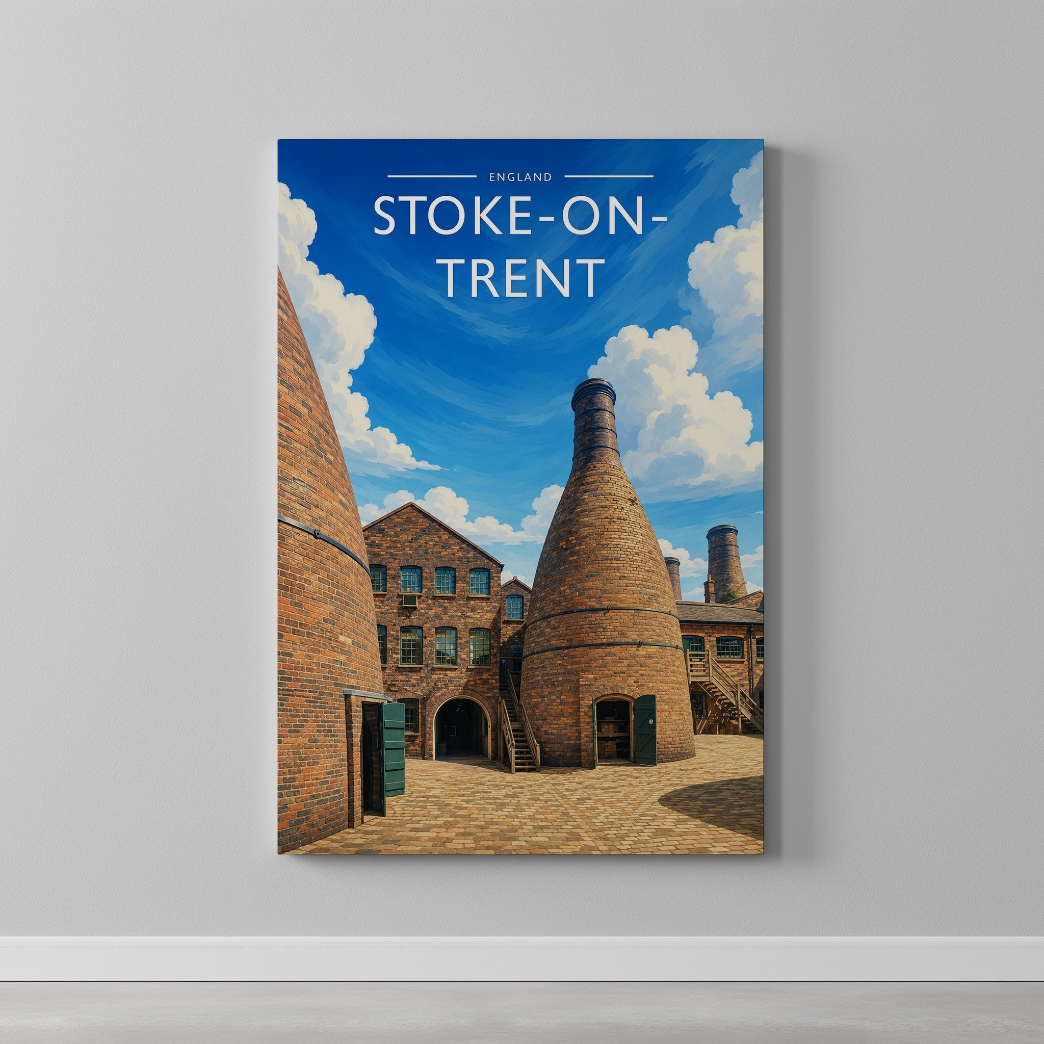Stoke-on-Trent Travel Poster as a gallery-wrapped canvas on a plain wall