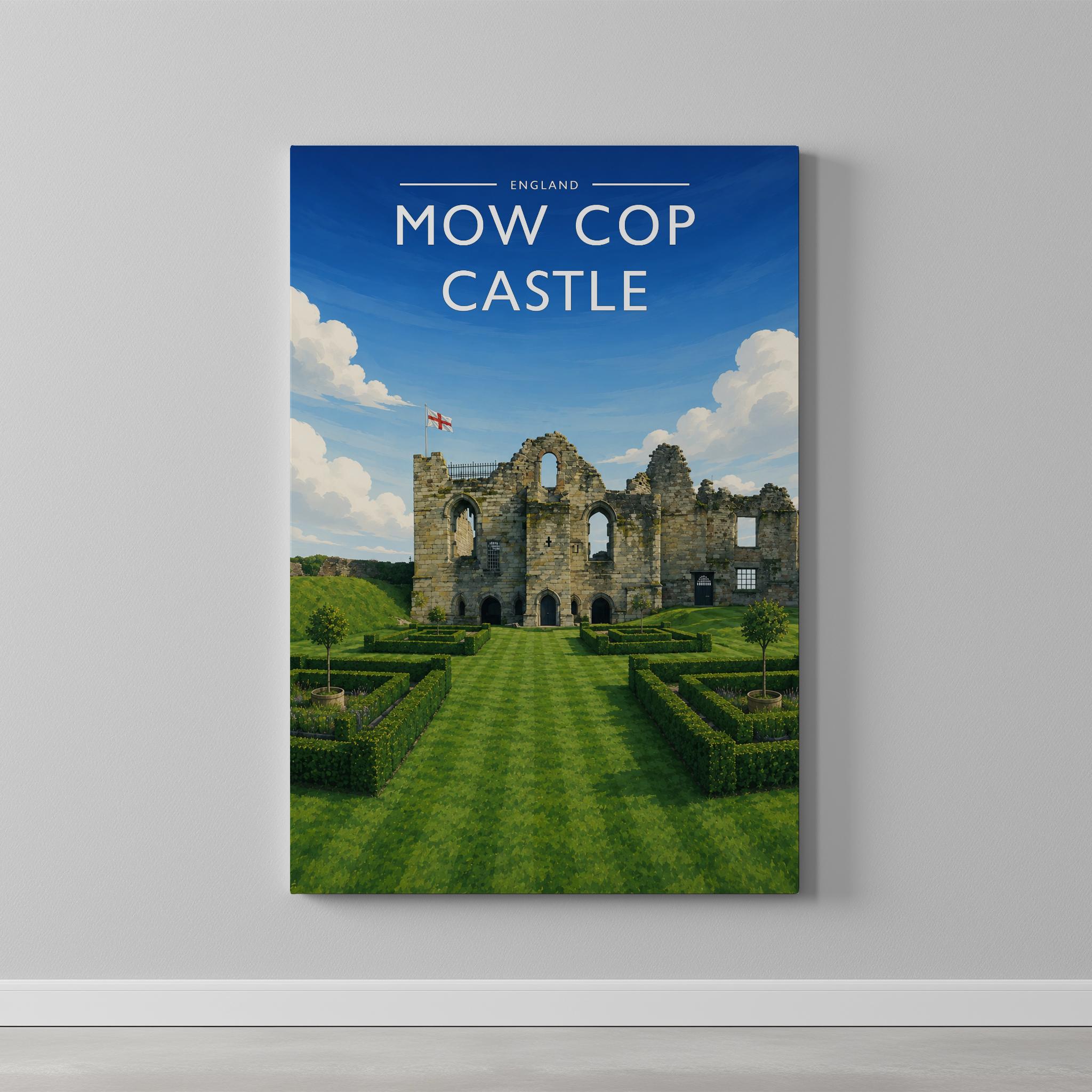 Mow Cop Castle Travel Poster as a gallery-wrapped canvas on a plain wall
