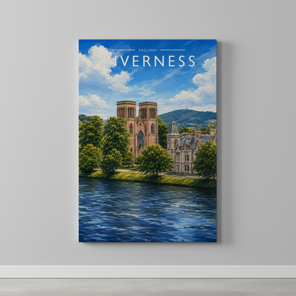 Inverness Travel Poster as a gallery-wrapped canvas on a plain wall