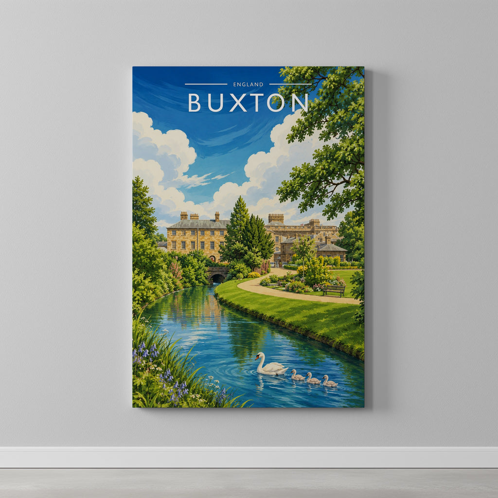 Buxton #2 Travel Poster as a gallery-wrapped canvas on a plain wall