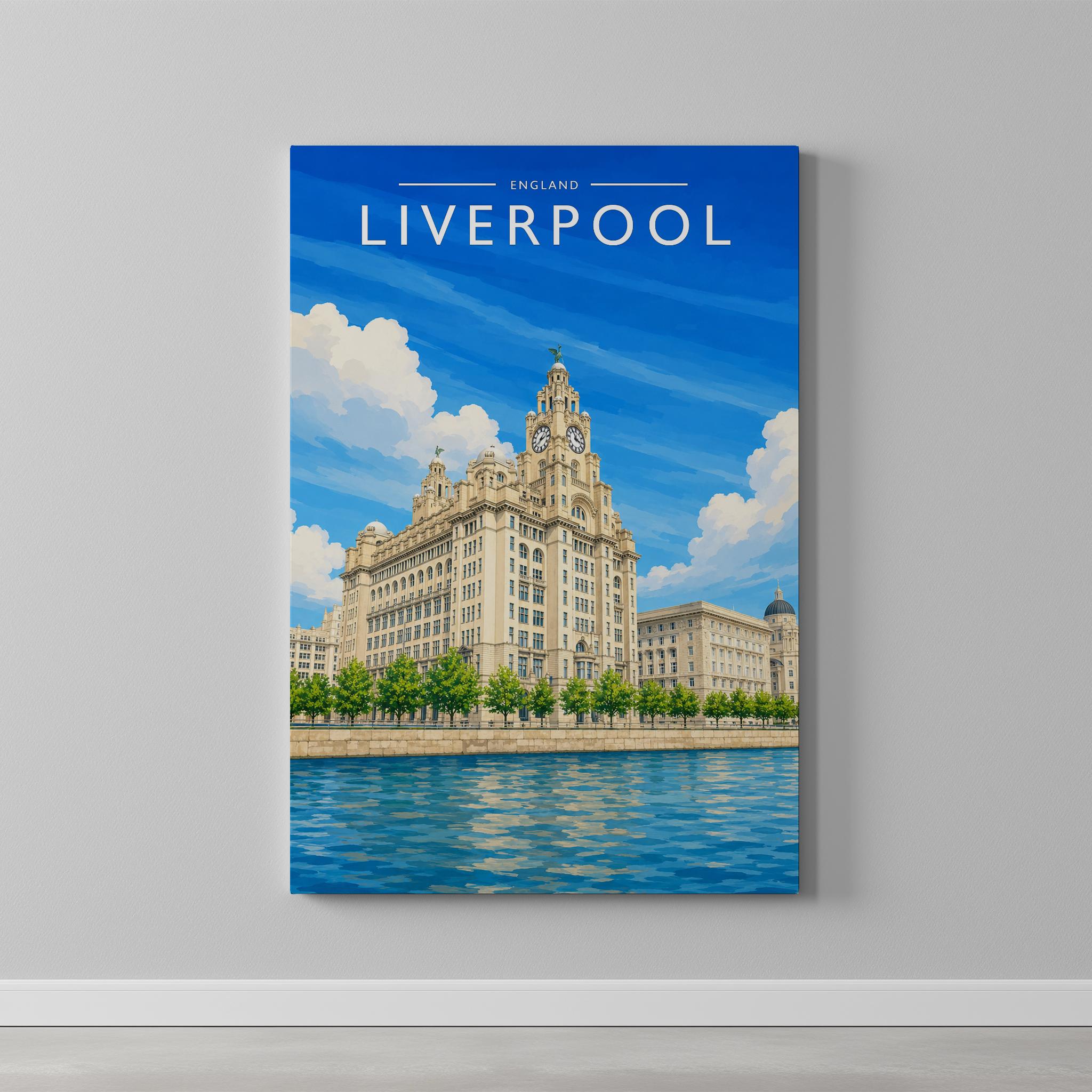 Liverpool #2 Travel Poster as a gallery-wrapped canvas on a plain wall