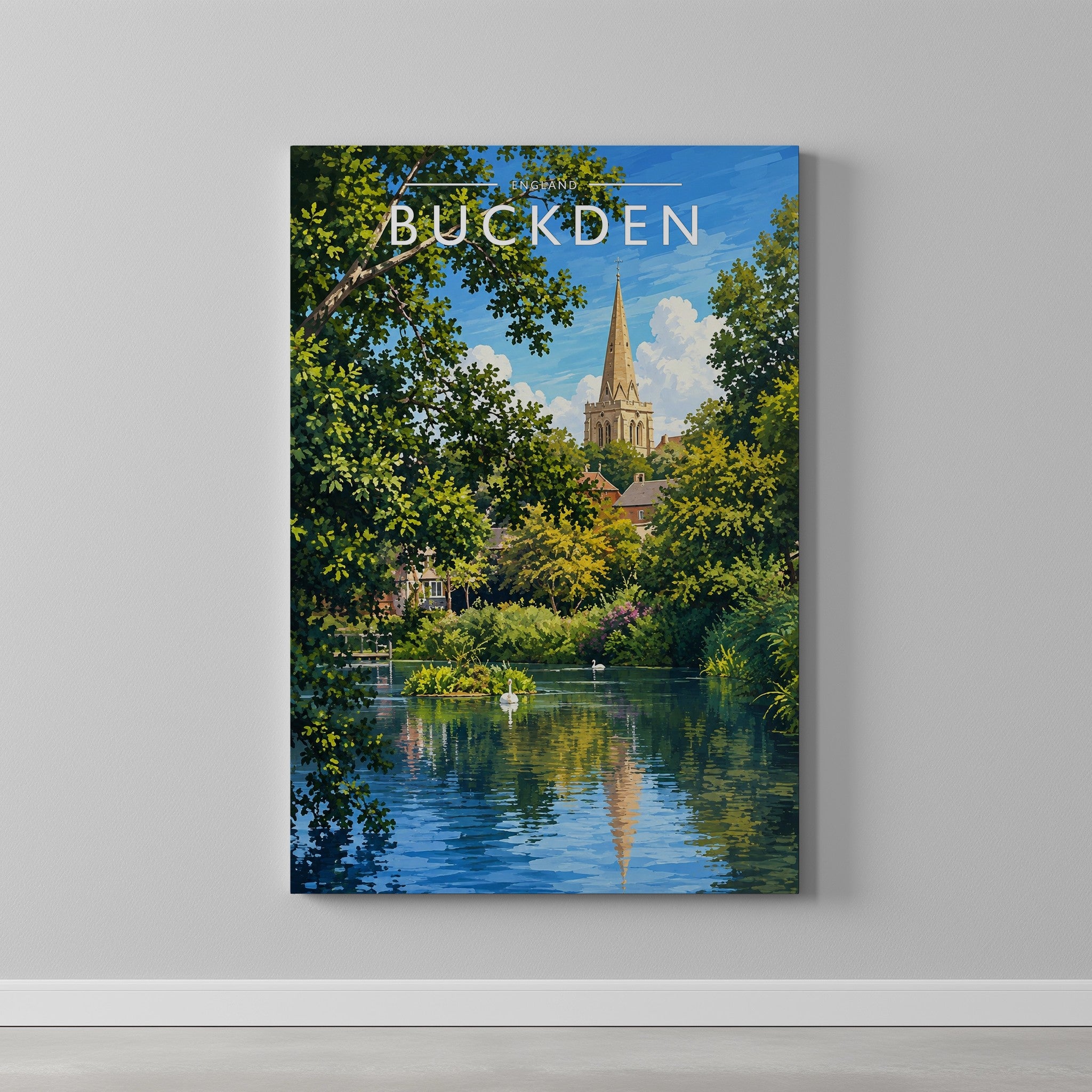 Buckden Travel Poster as a gallery-wrapped canvas on a plain wall