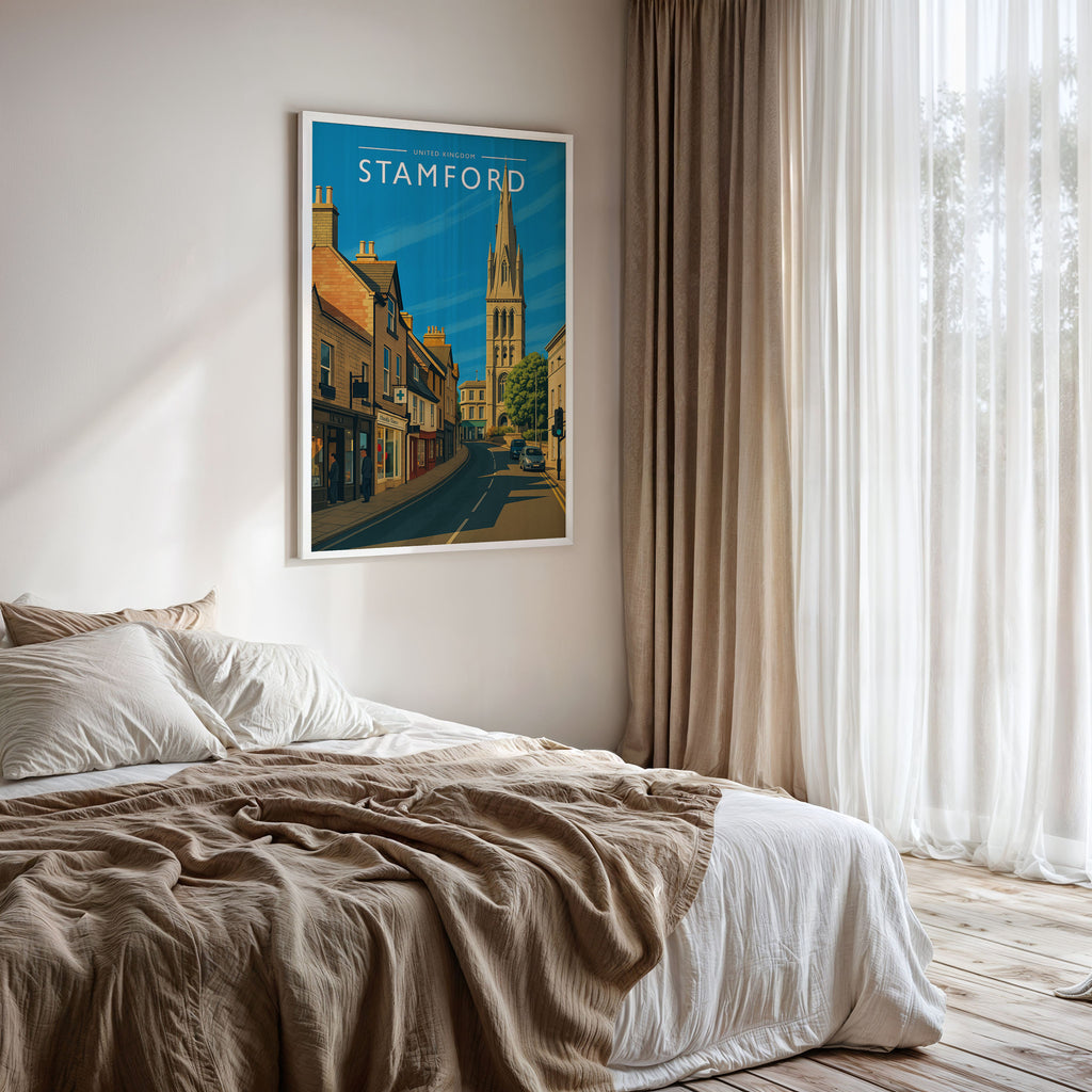 Stamford #3 Travel Poster framed on a bedroom wall