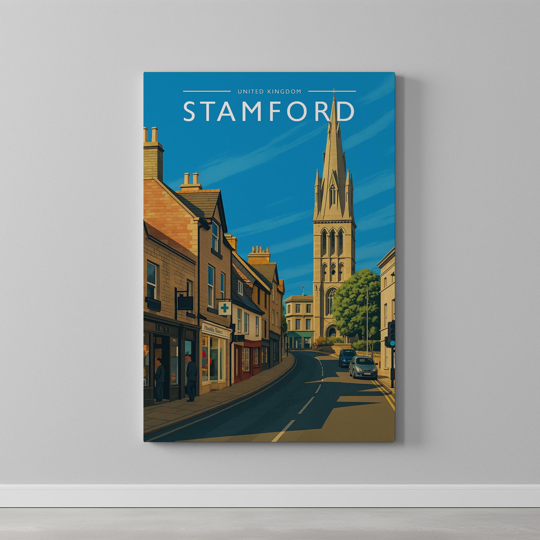 Stamford #3 Travel Poster as a gallery-wrapped canvas on a plain wall