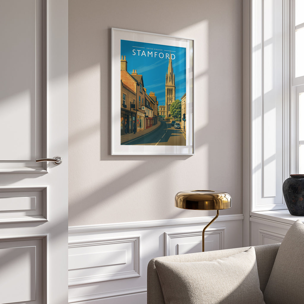 Stamford #3 Travel Poster in a white frame on a panelled wall