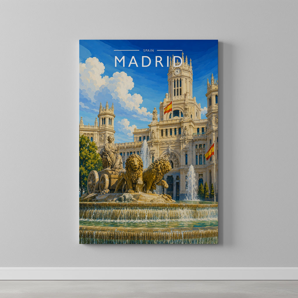 Madrid #4 Travel Poster as a gallery-wrapped canvas on a plain wall