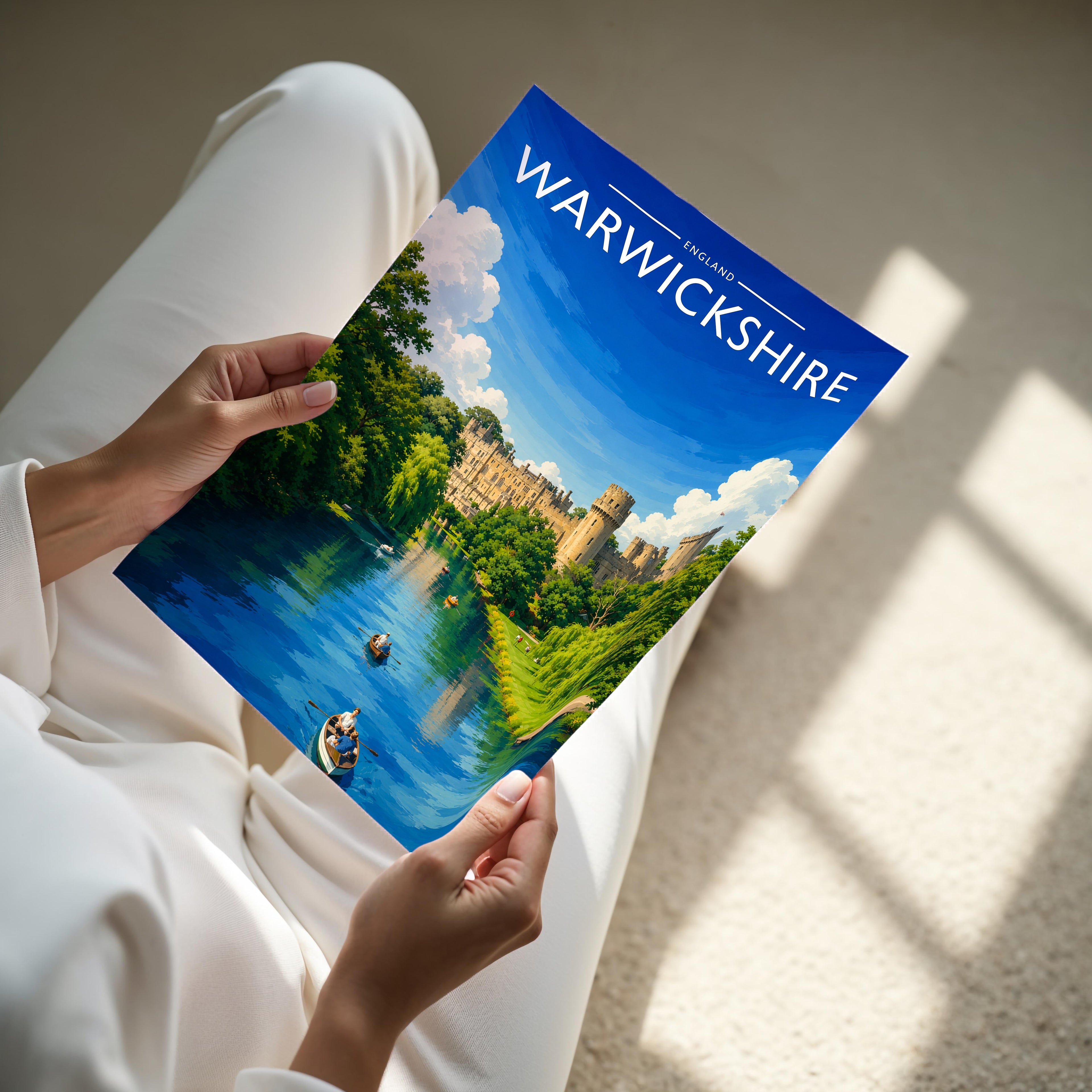 Warwickshire Travel Poster - A4 print held in hand