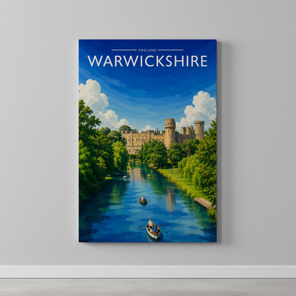 Warwickshire Travel Poster as a gallery-wrapped canvas on a plain wall