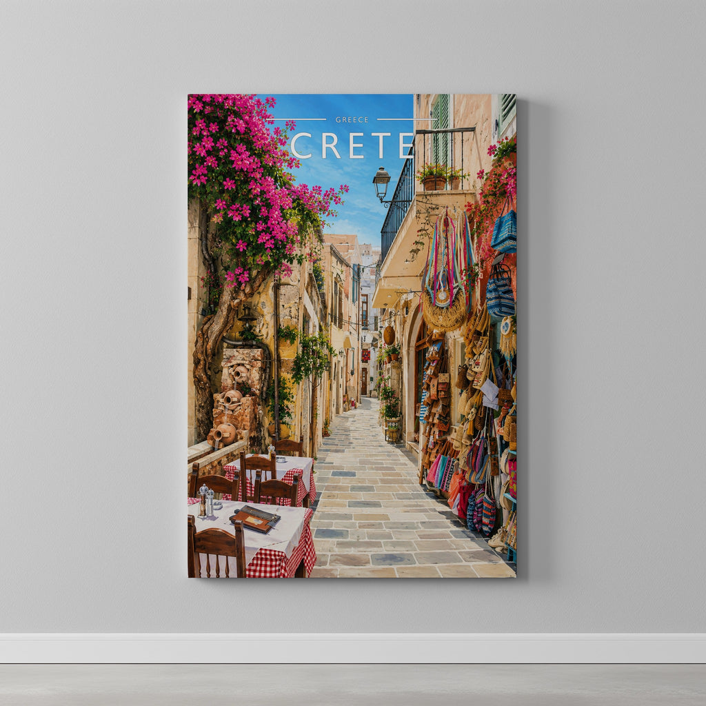 Crete Travel Poster as a gallery-wrapped canvas on a plain wall