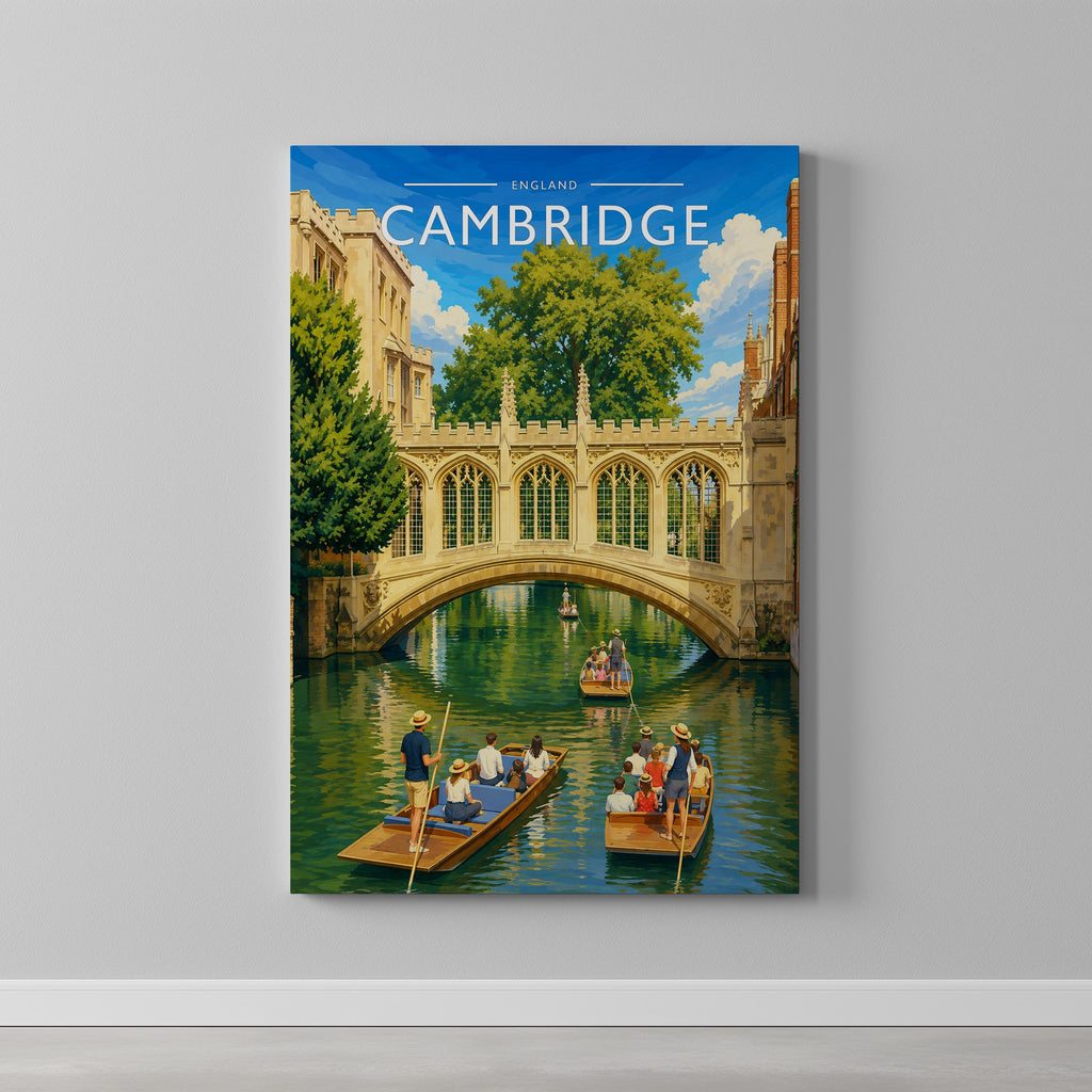Cambridge #3 Travel Poster as a gallery-wrapped canvas on a plain wall