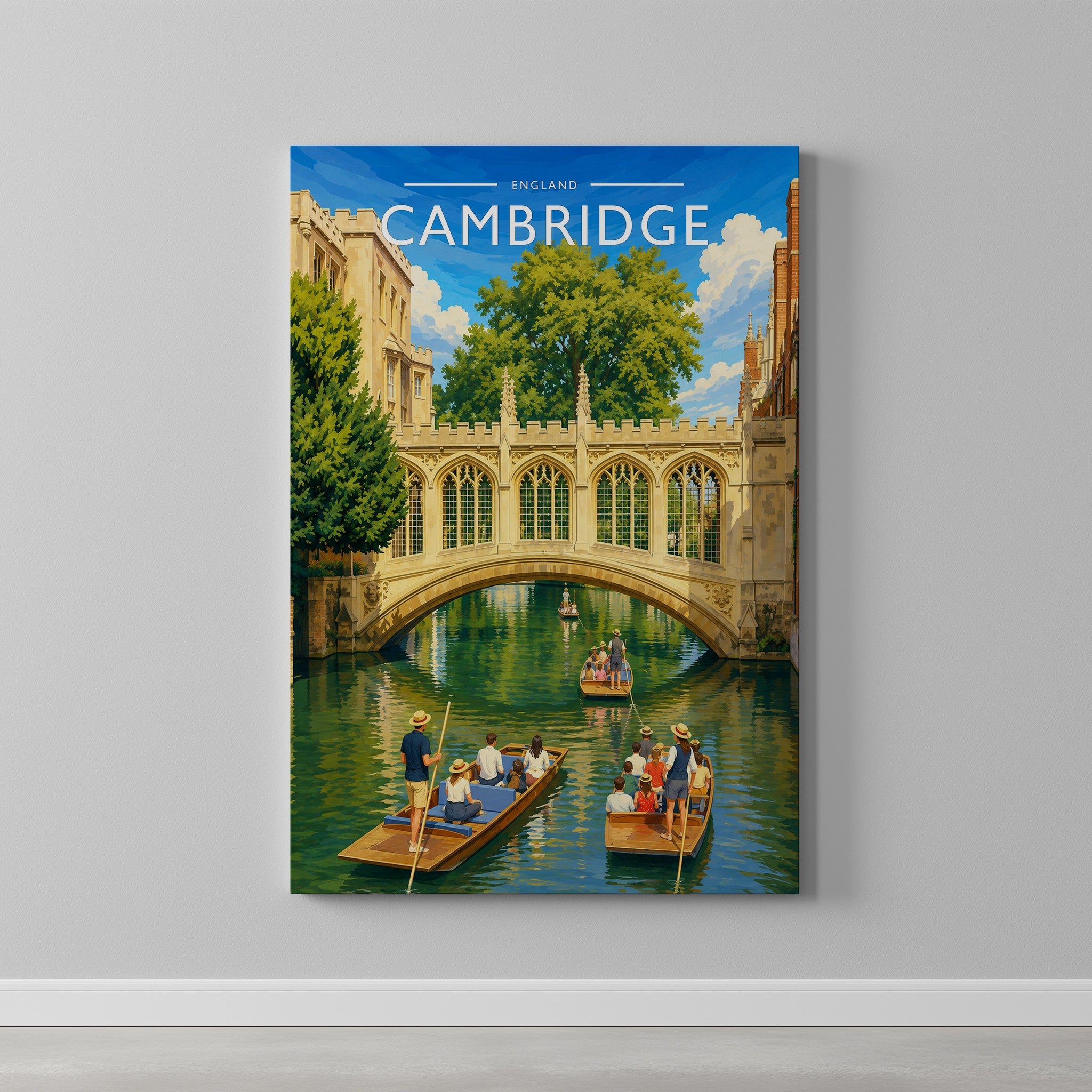 Cambridge #3 Travel Poster as a gallery-wrapped canvas on a plain wall