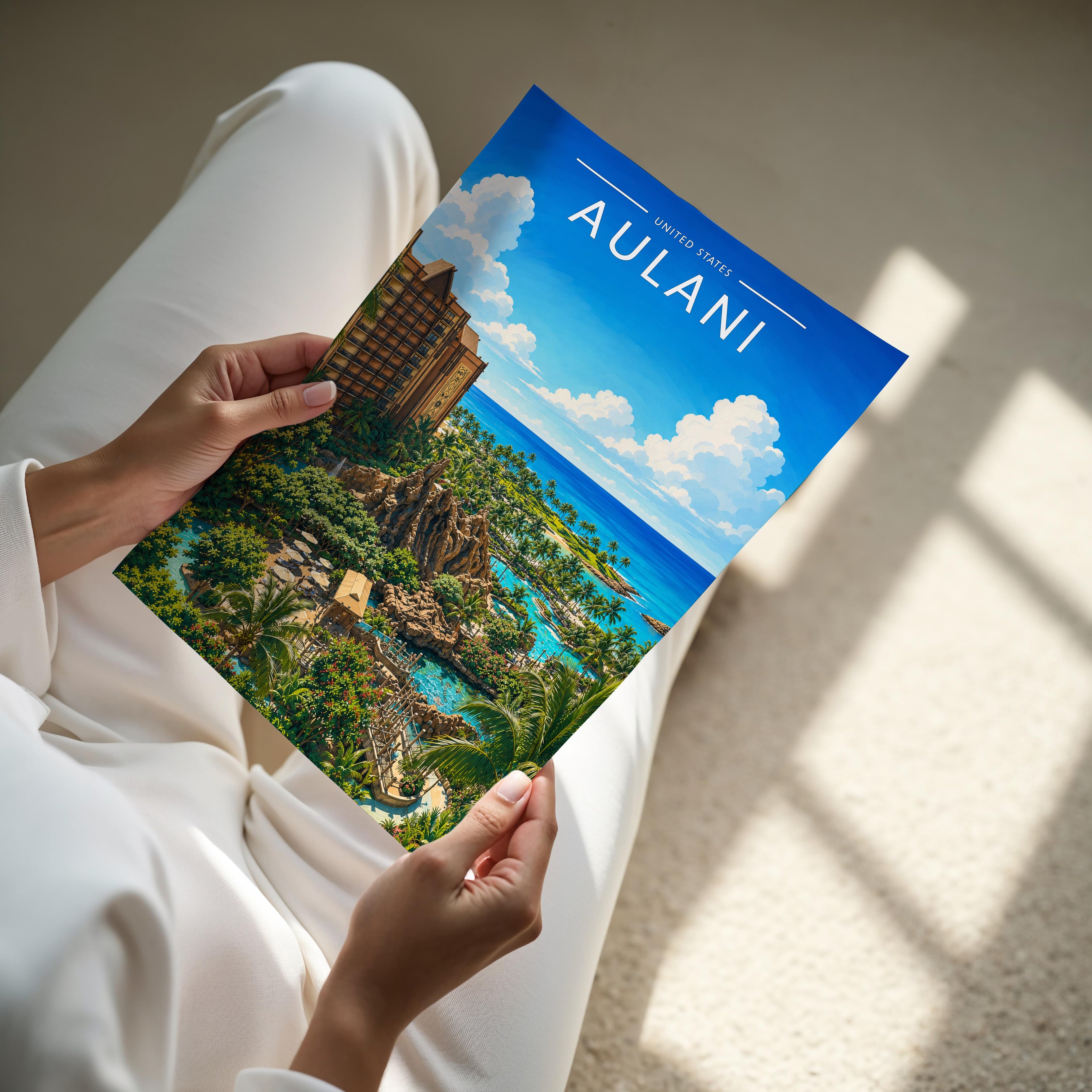 Aulani Travel Poster - A4 print held in hand