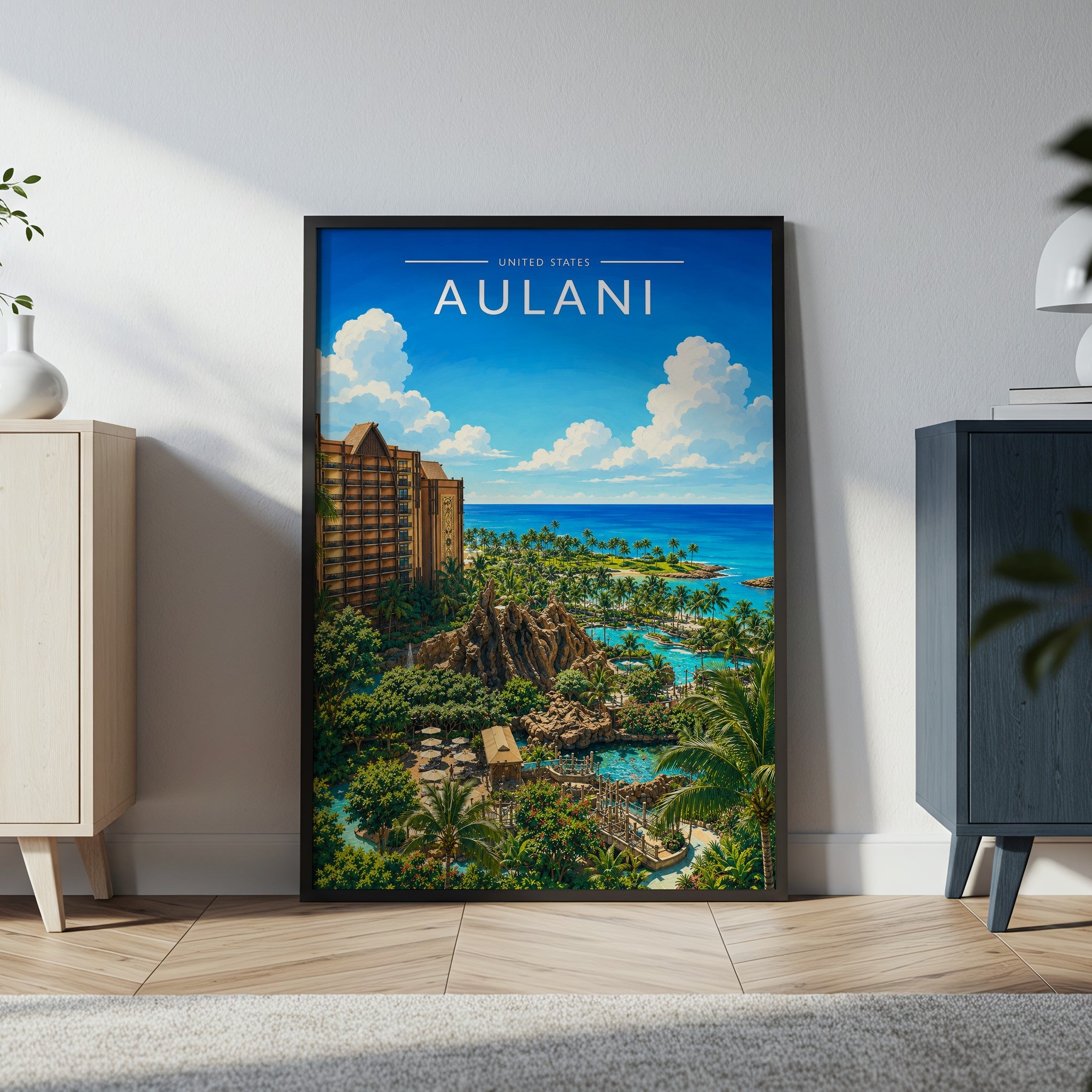 Aulani Travel Poster in a black frame
